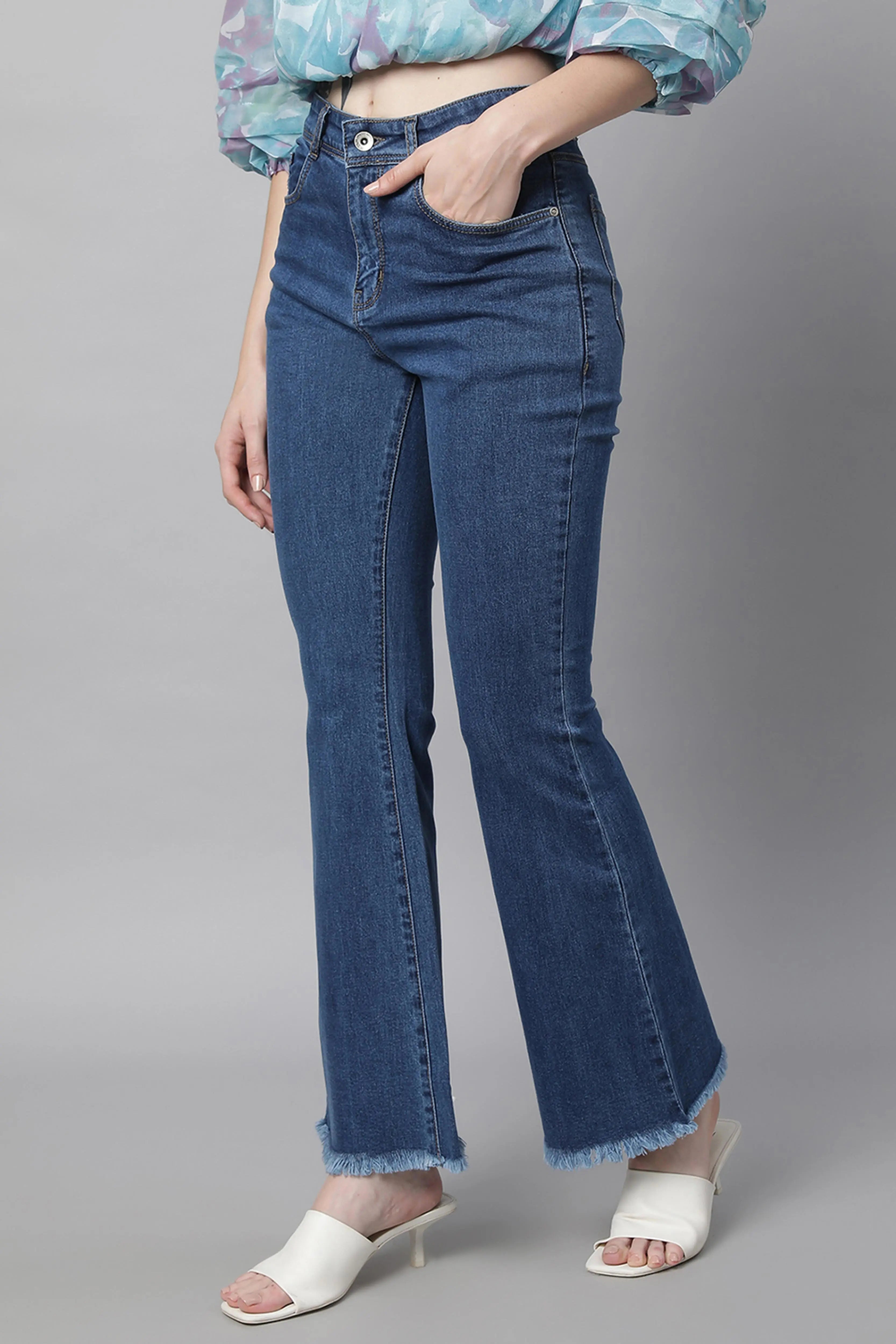 Women High Rise Slim Fit Bell Bottom Blue Jeans - Global Republic
