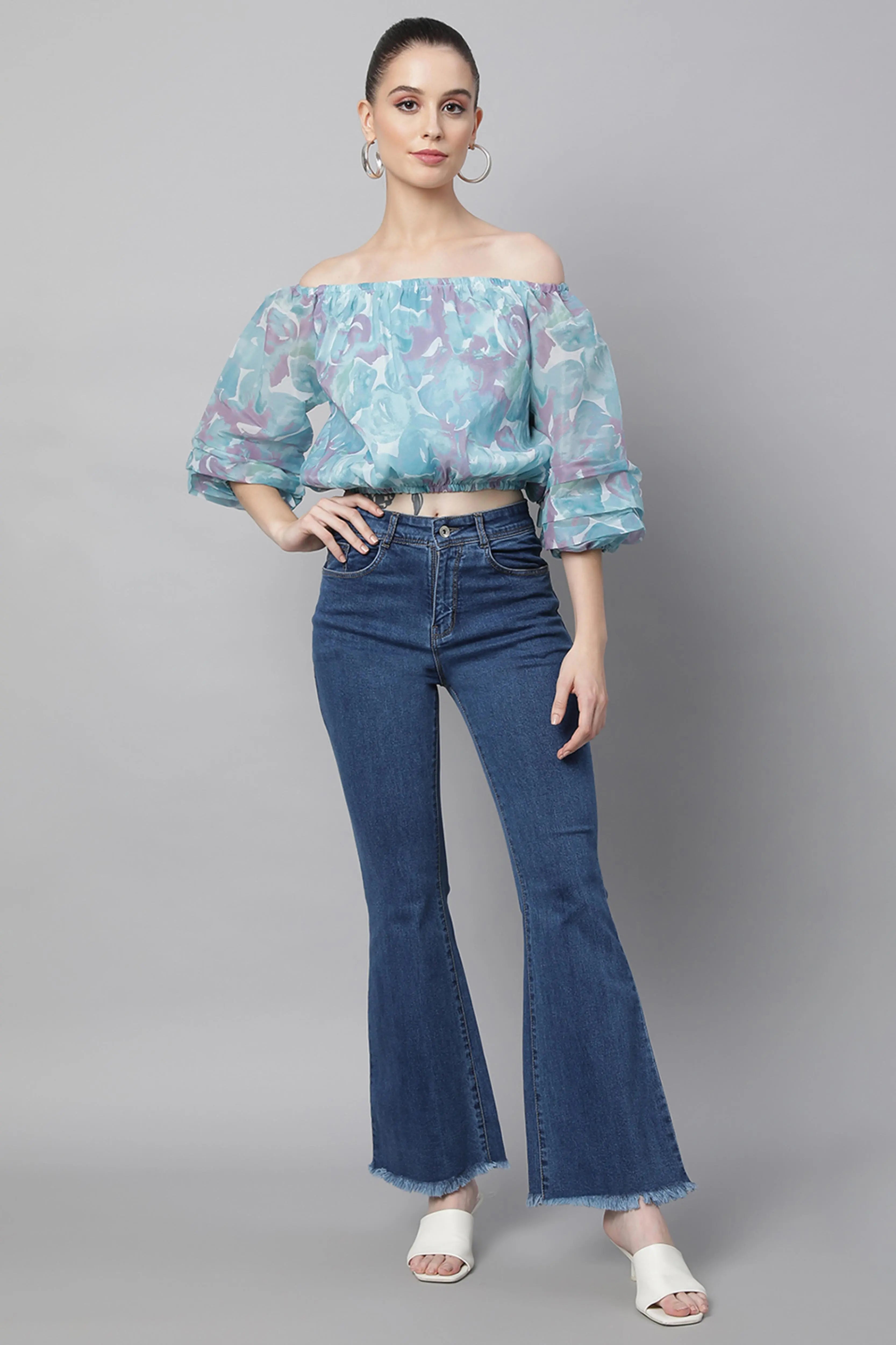 Women High Rise Slim Fit Bell Bottom Blue Jeans - Global Republic