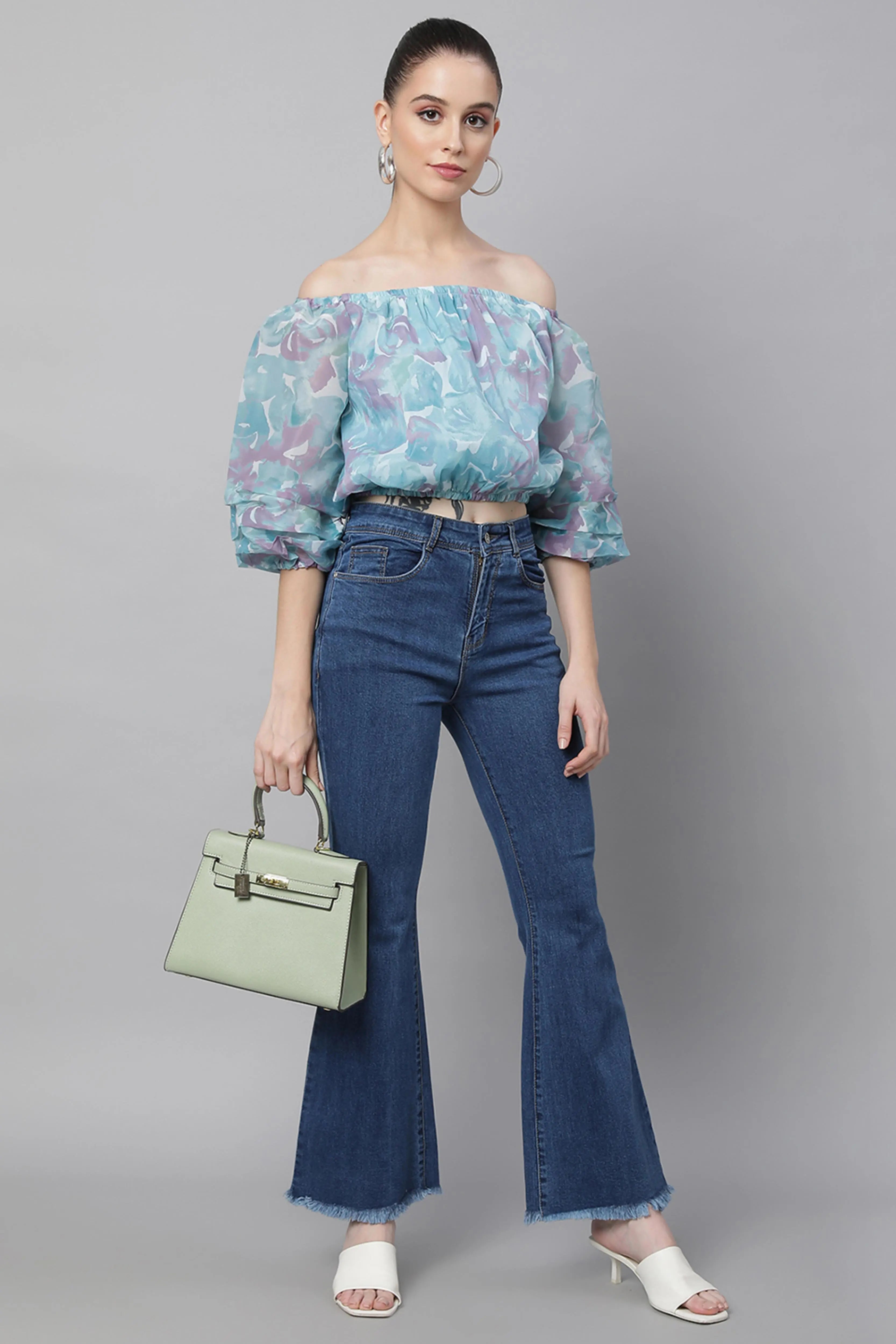 Women High Rise Slim Fit Bell Bottom Blue Jeans - Global Republic