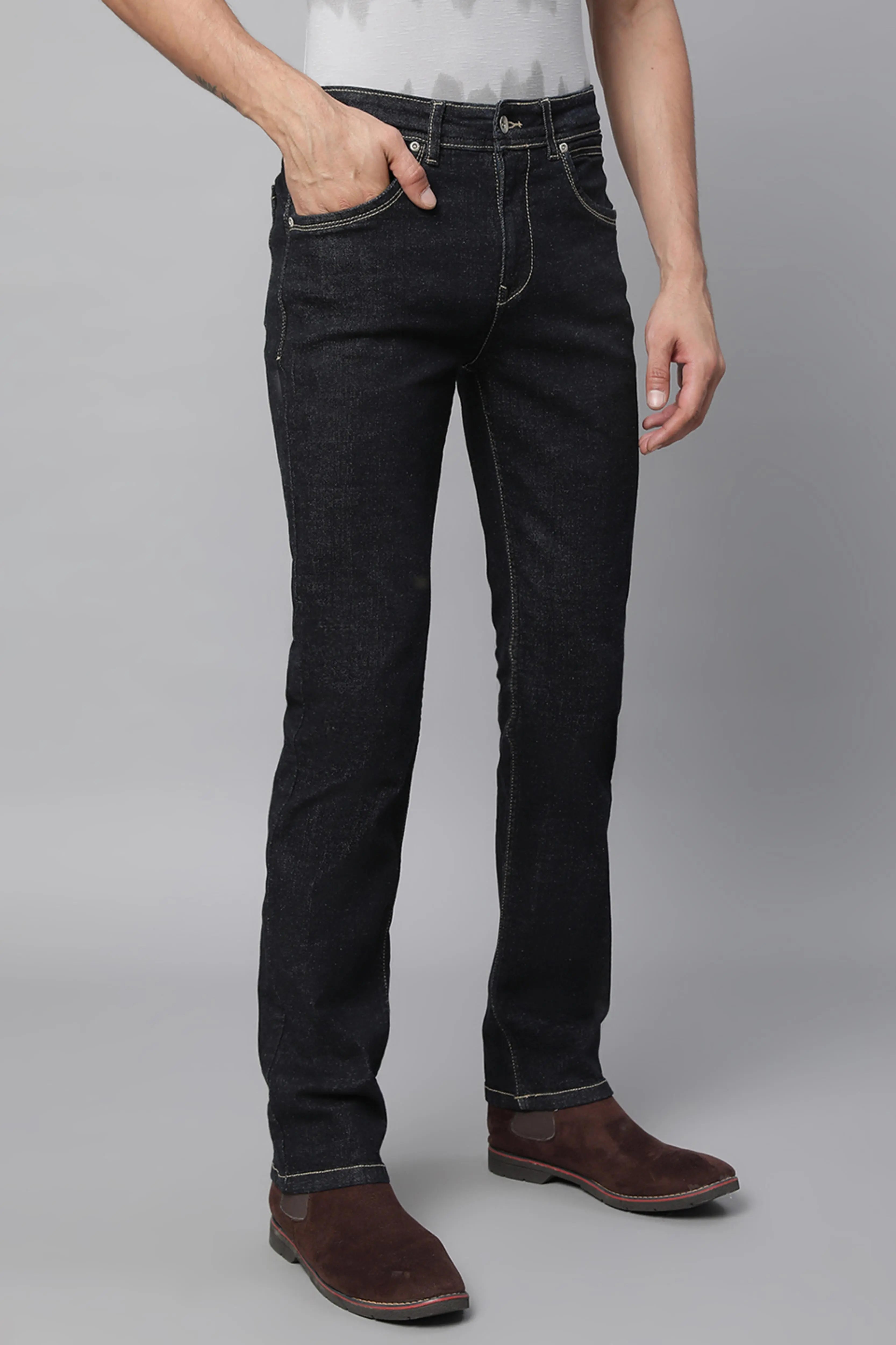 Mens Raw Black Cotton Solid Jeans - Global Republic