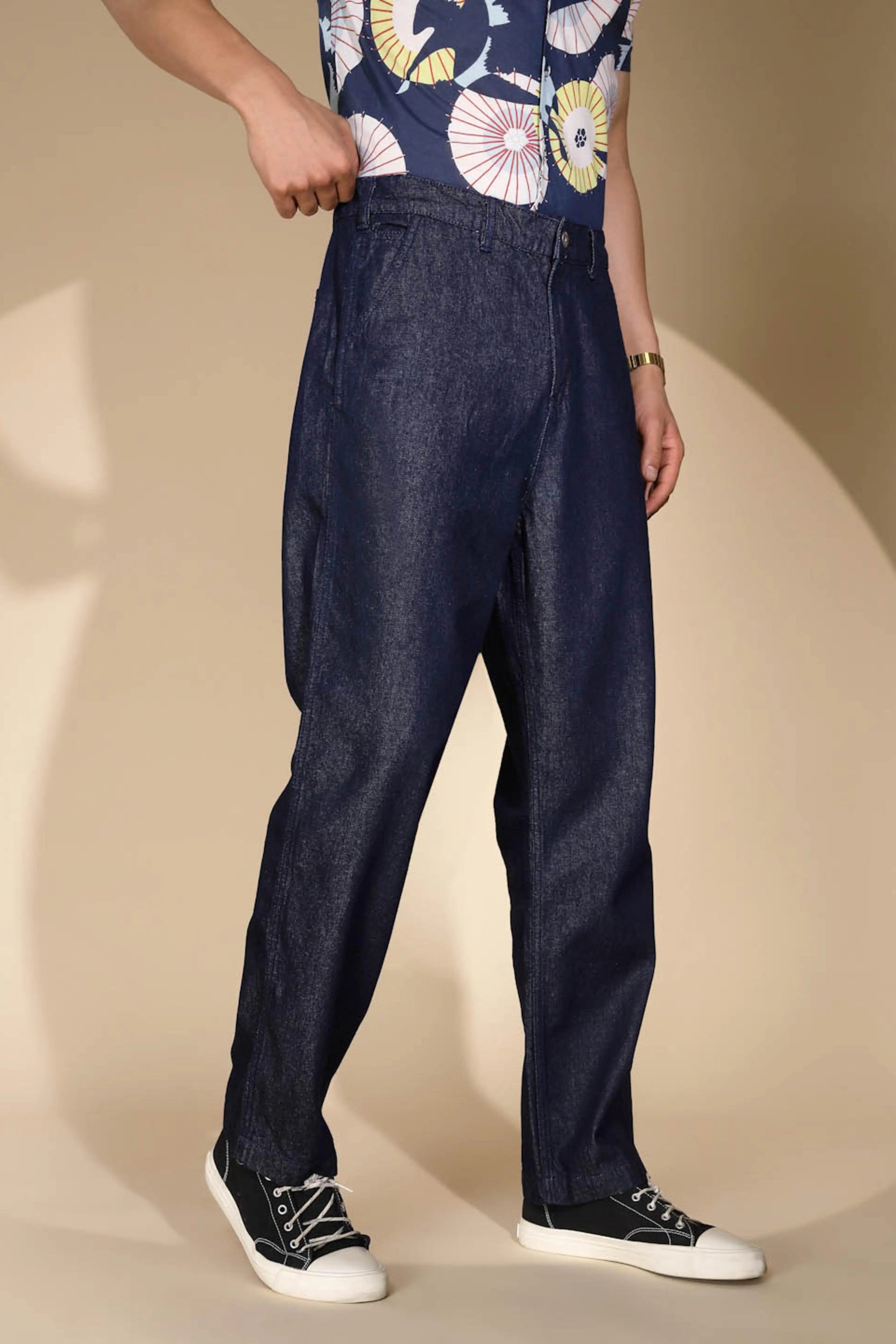 Raw Blue Cotton Blend Solid Jeans - Global Republic