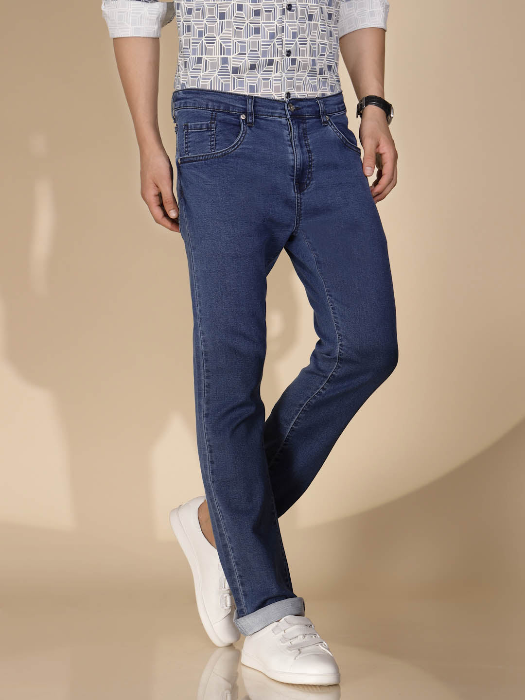 Blue Cotton Blend Straight Fit Jeans For Men - Global Republic
