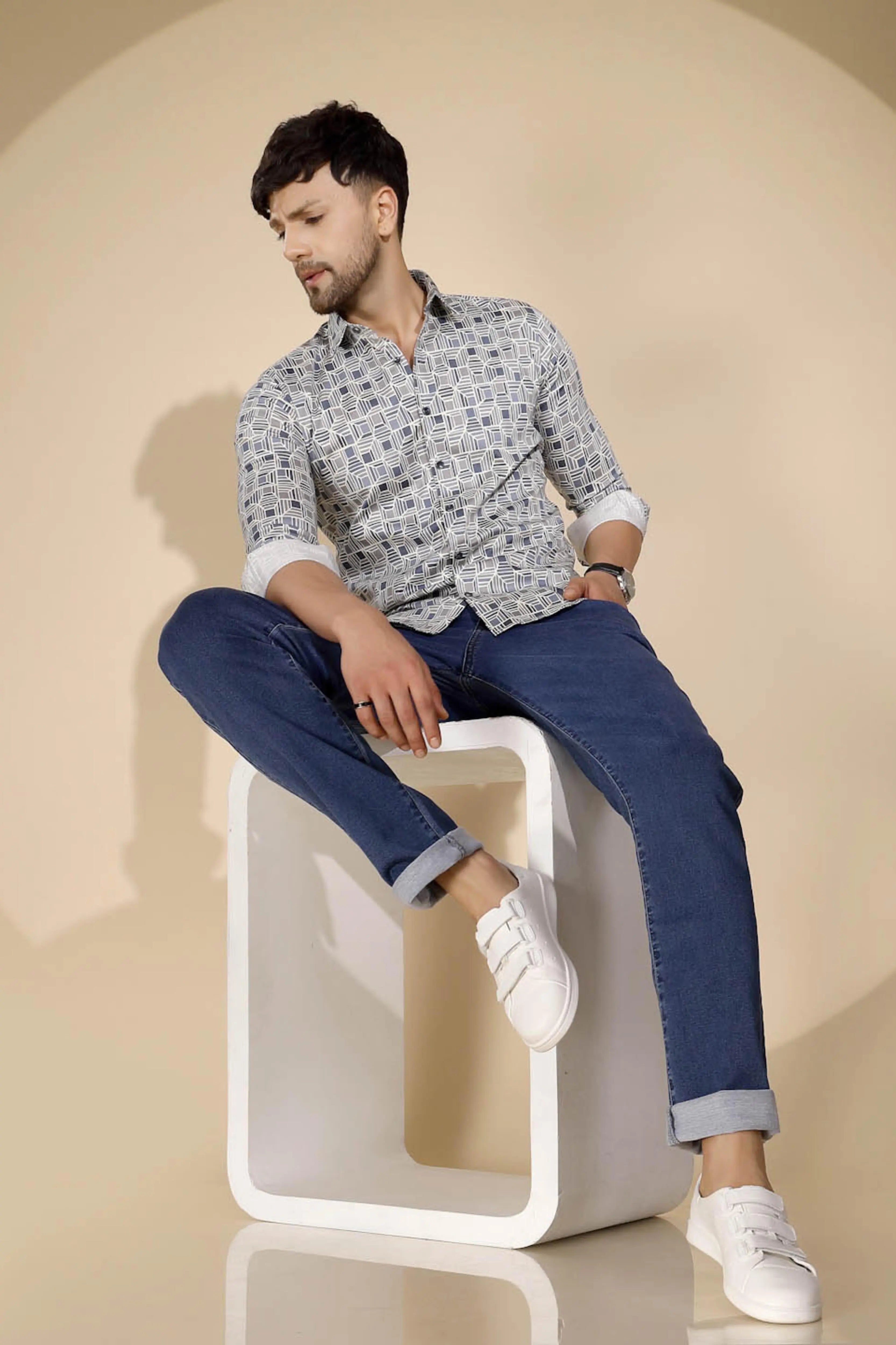 Blue Cotton Blend Straight Fit Jeans For - Global Republic