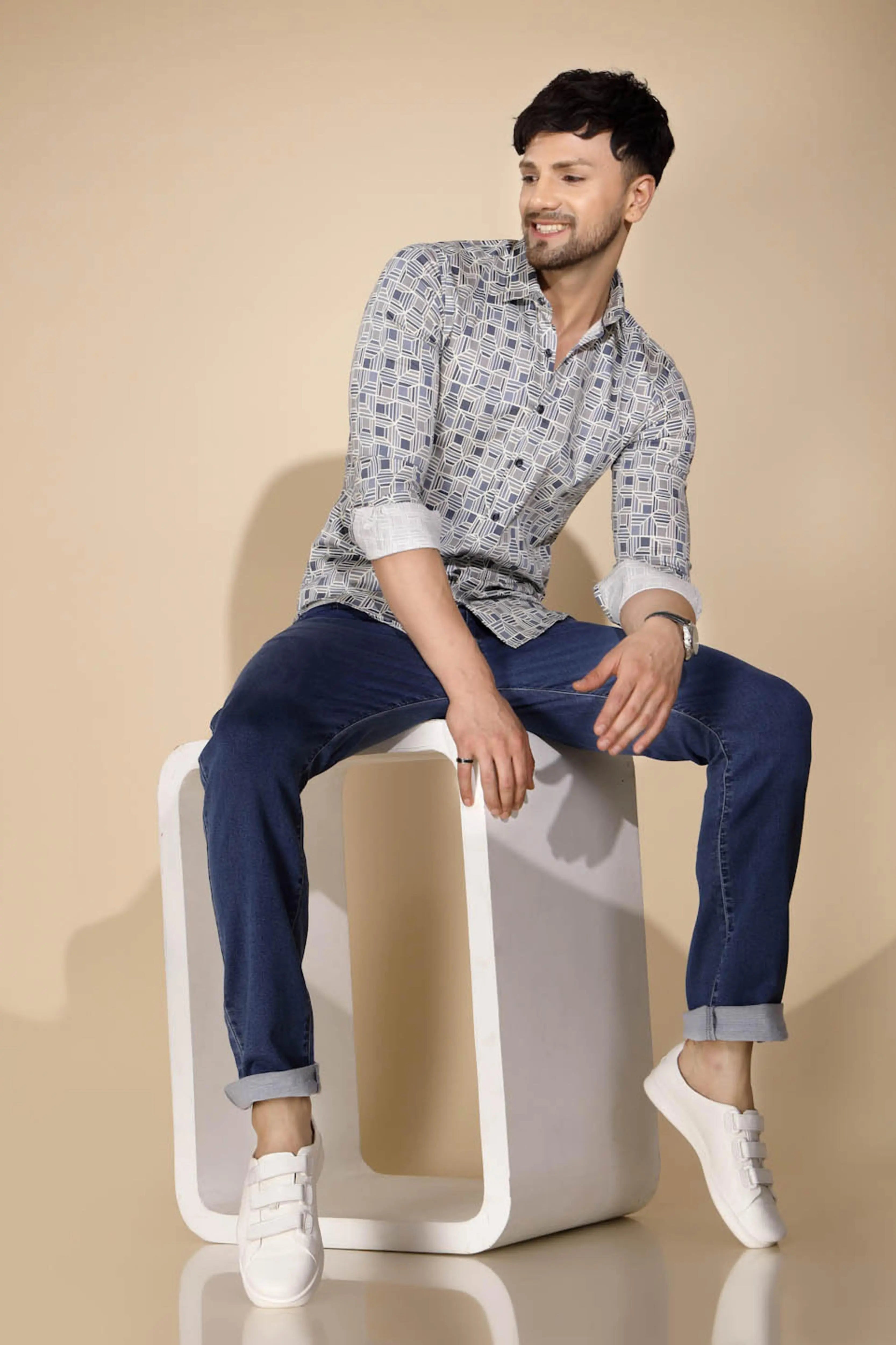 Blue Cotton Blend Straight Fit Jeans For - Global Republic