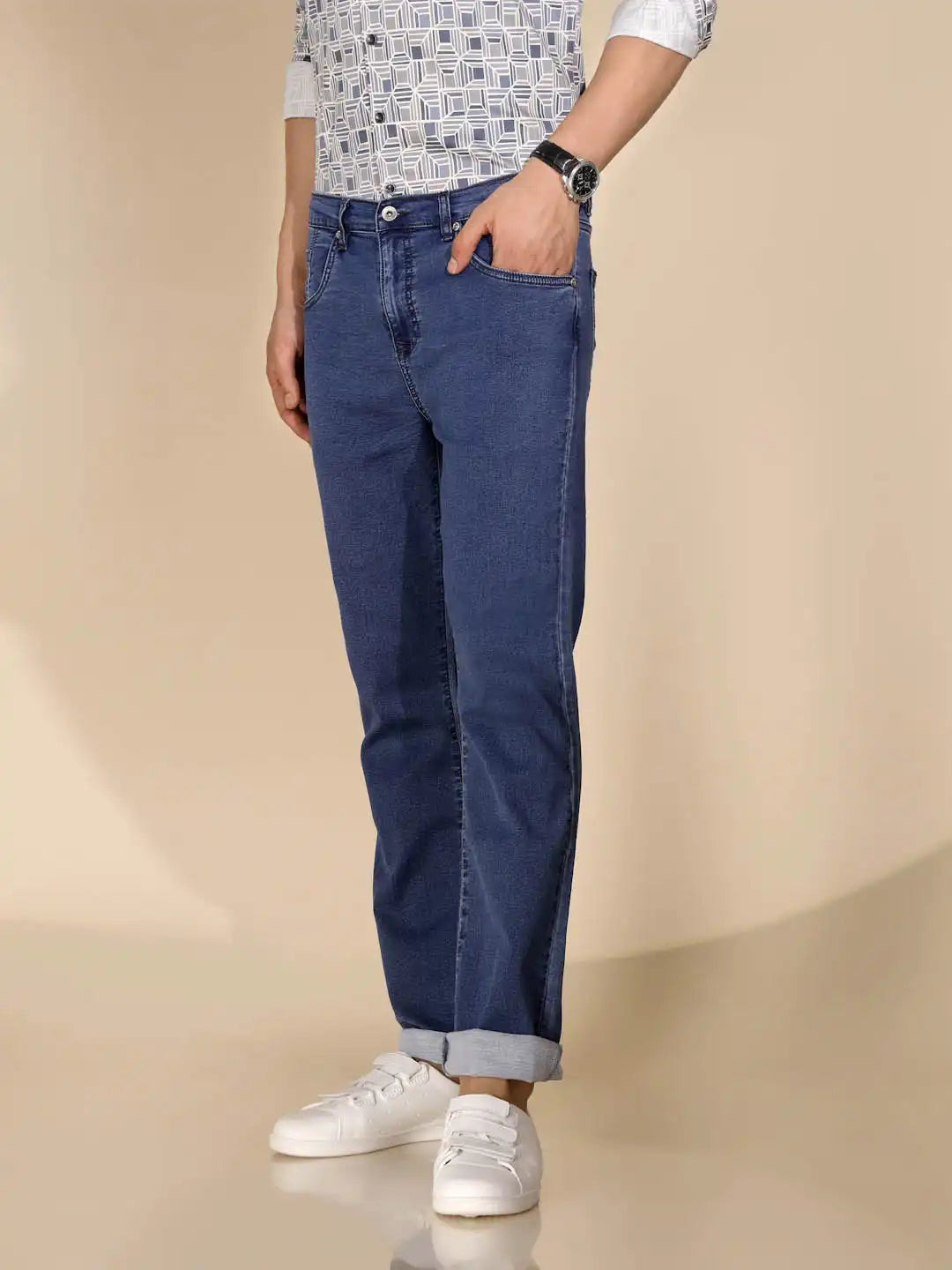 Blue Cotton Blend Straight Fit Jeans For Men - Global Republic