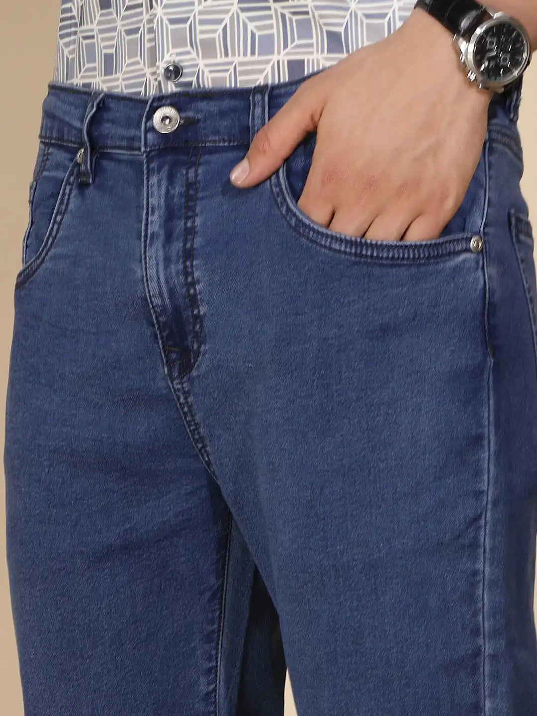 Blue Cotton Blend Straight Fit Jeans For Men - Global Republic