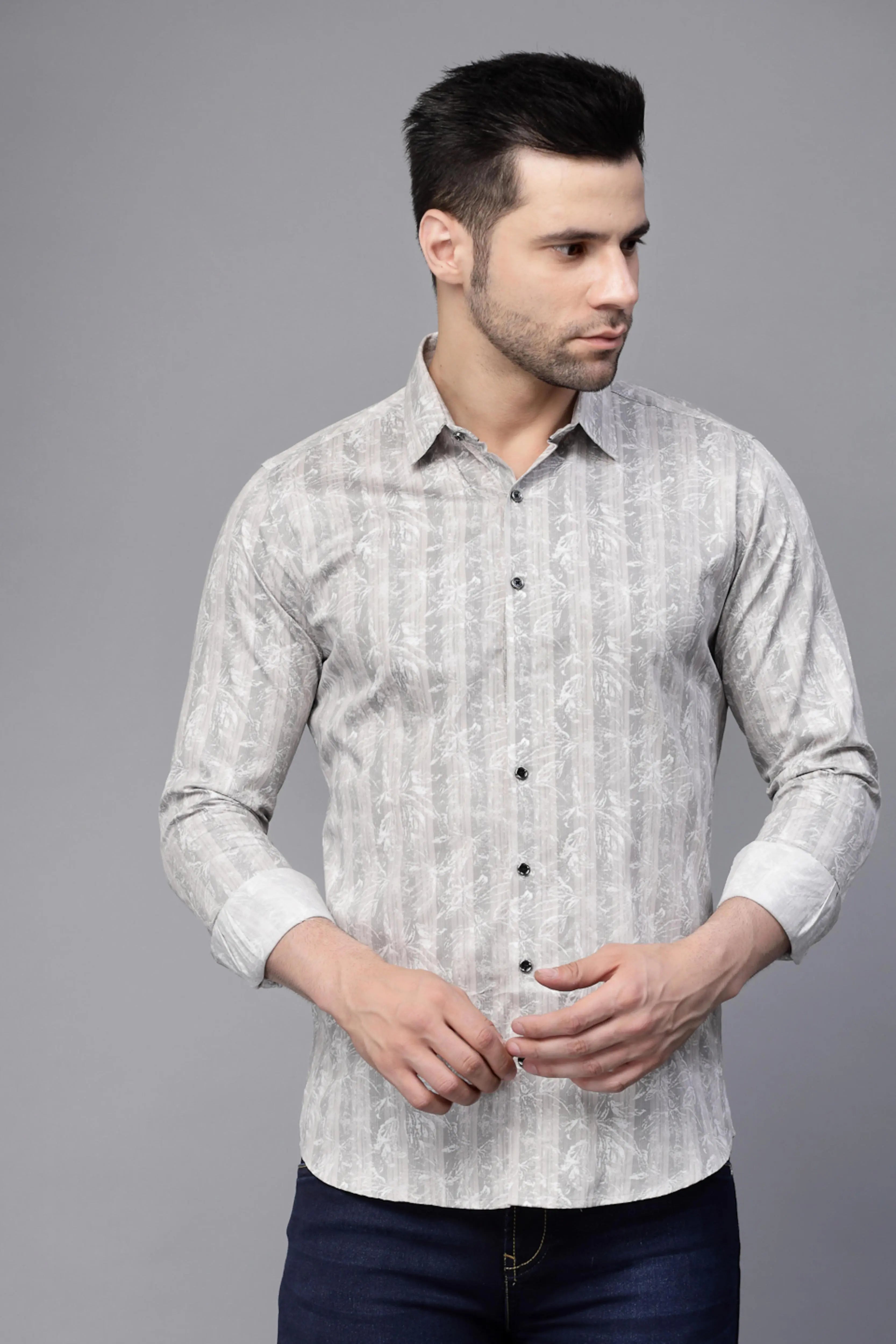 Mens Grey Striped Full Sleeve Regular Fit Shirt - Global Republic