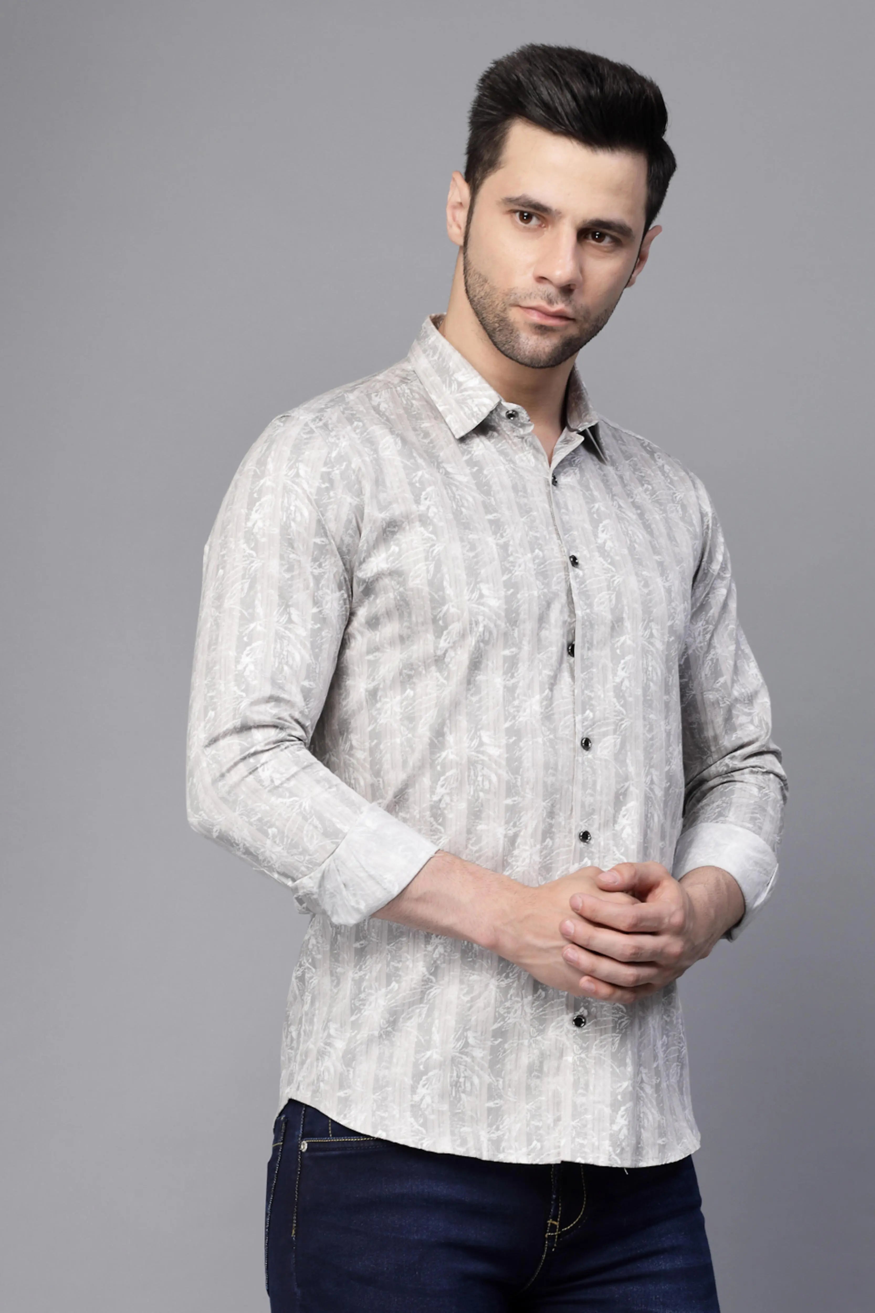 Mens Grey Striped Full Sleeve Regular Fit Shirt - Global Republic