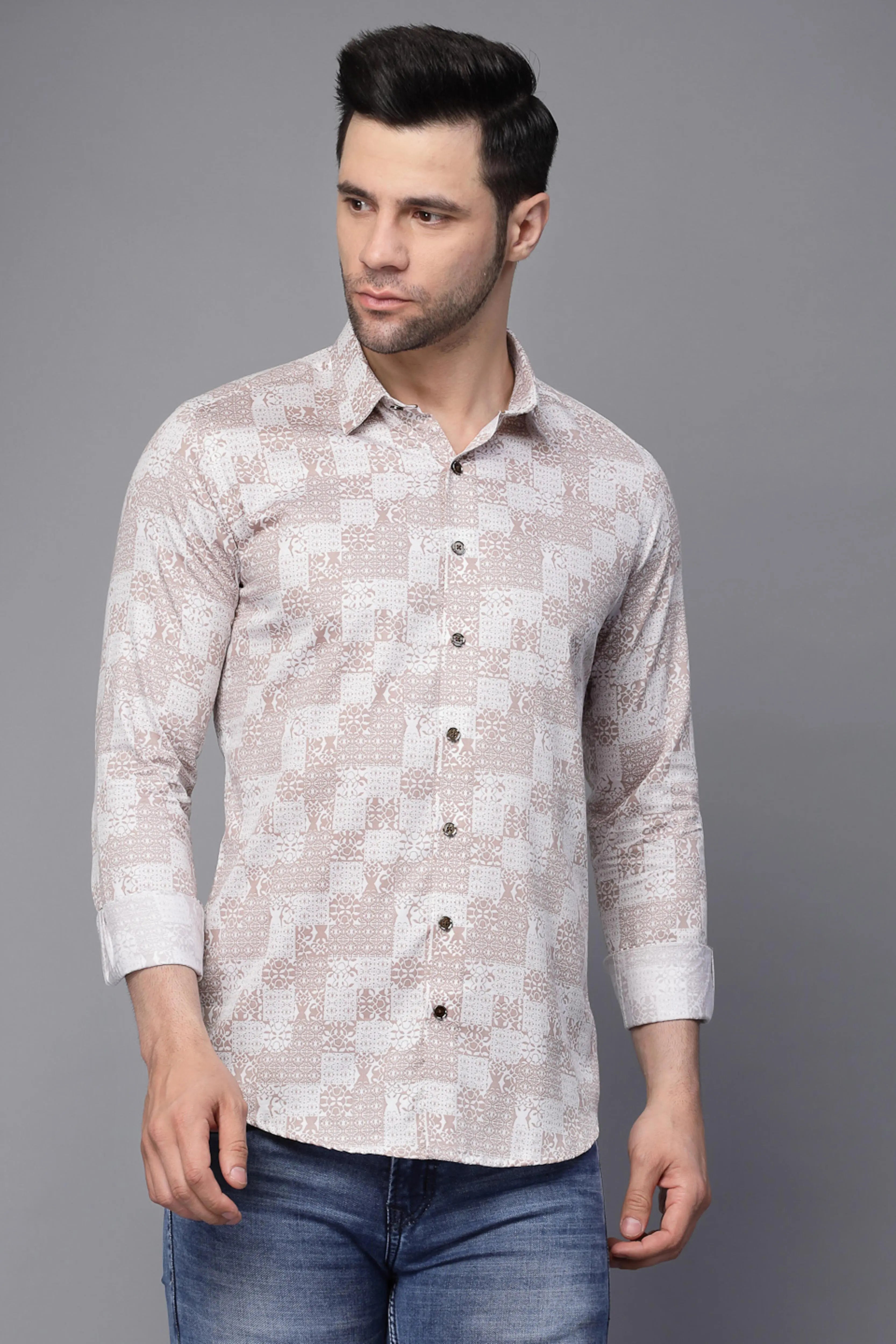 Mens Beige Collar Neck Printed Shirt - Global Republic