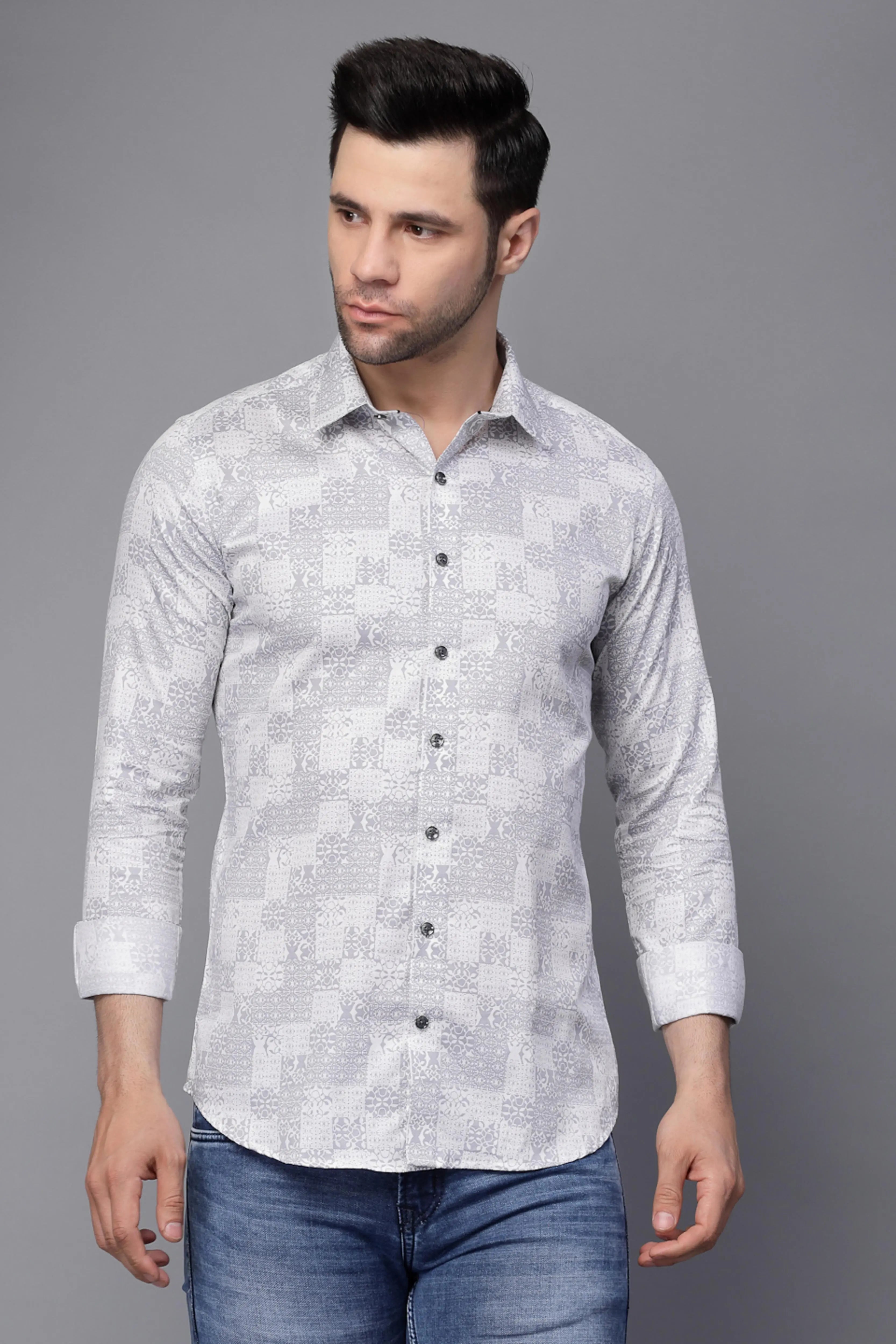 Mens Grey Printed Collar Neck Casual Shirt - Global Republic