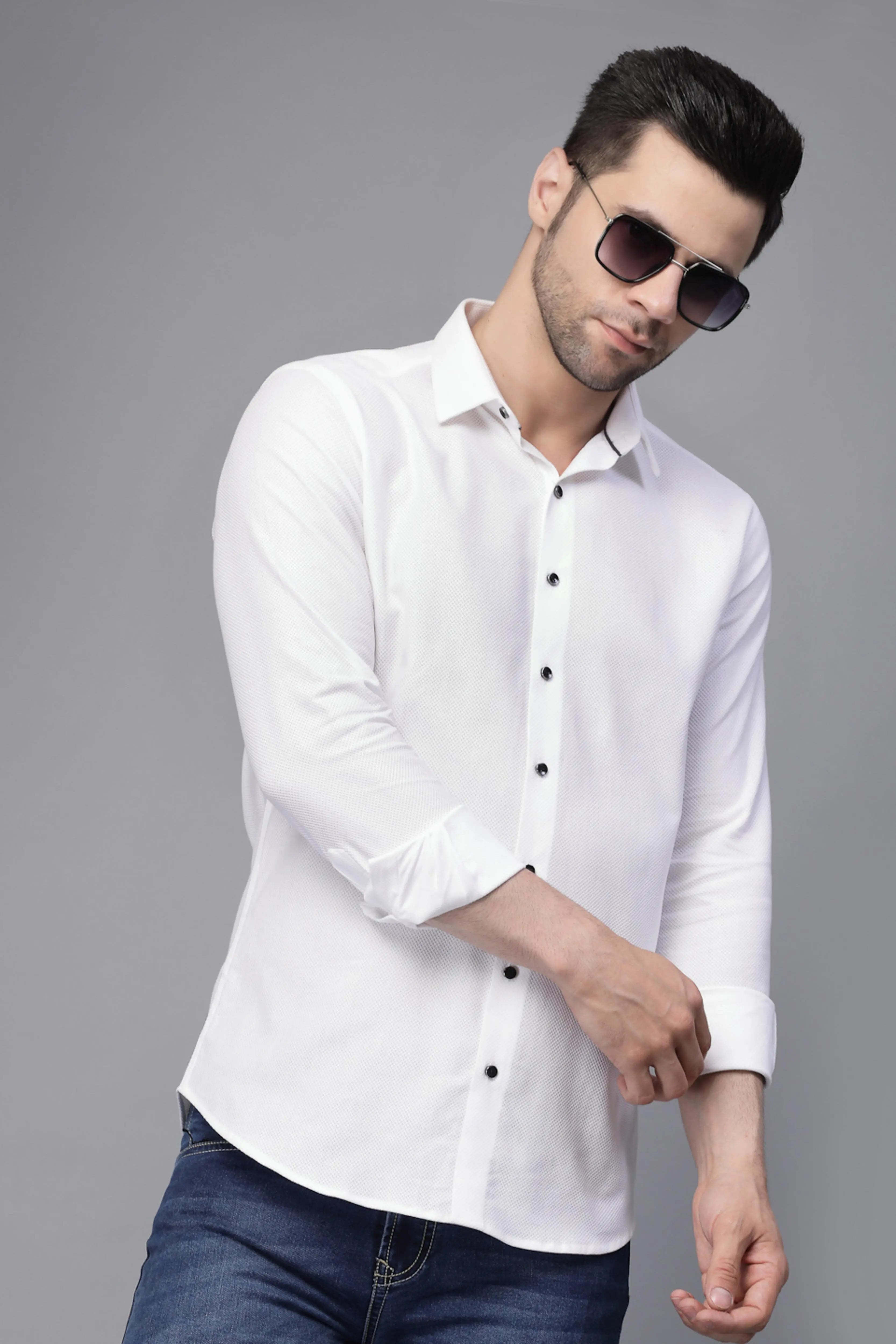Mens White Full Sleeve Collar Neck Solid Shirt - Global Republic