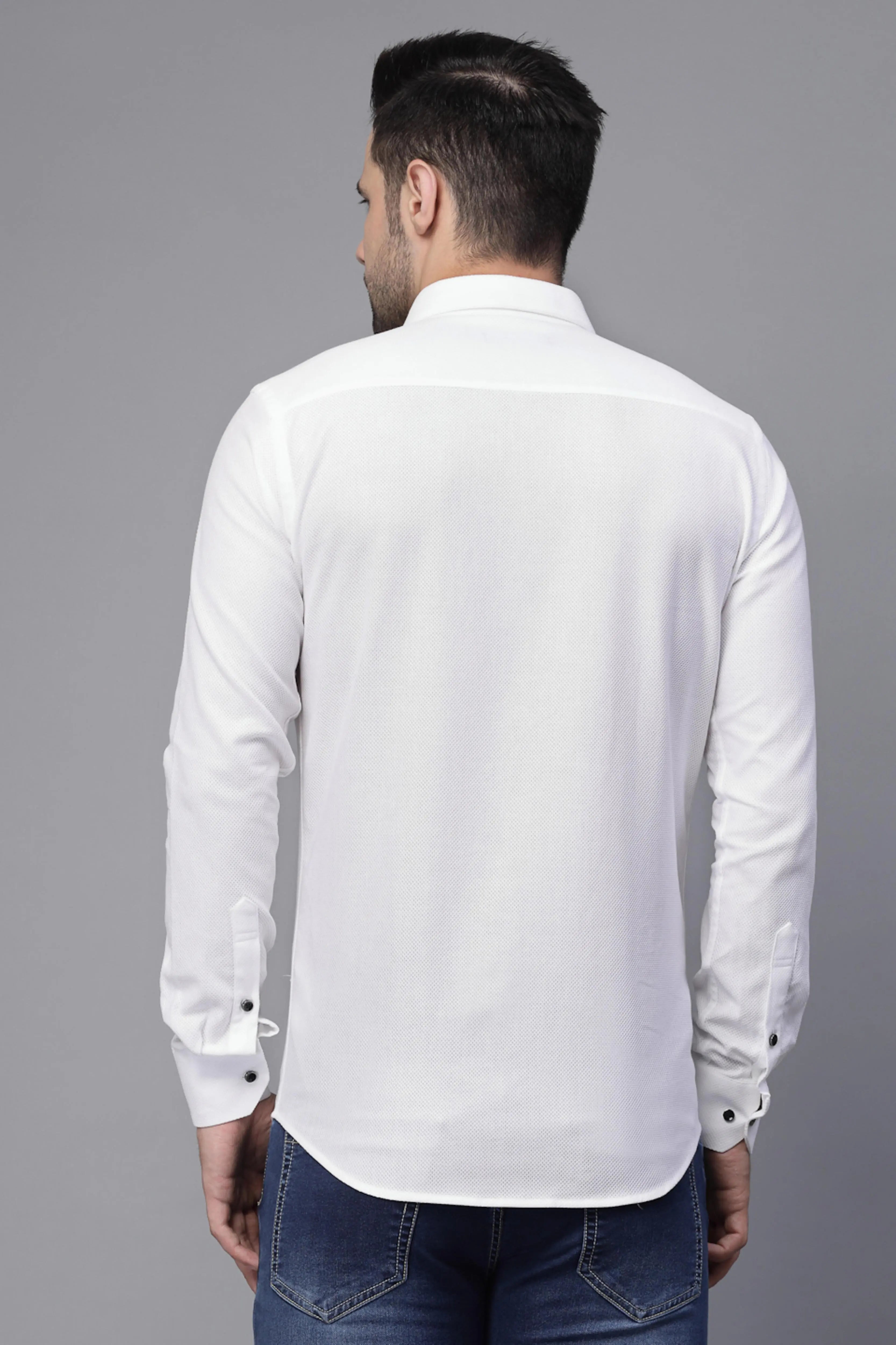 Mens White Full Sleeve Collar Neck Solid Shirt - Global Republic