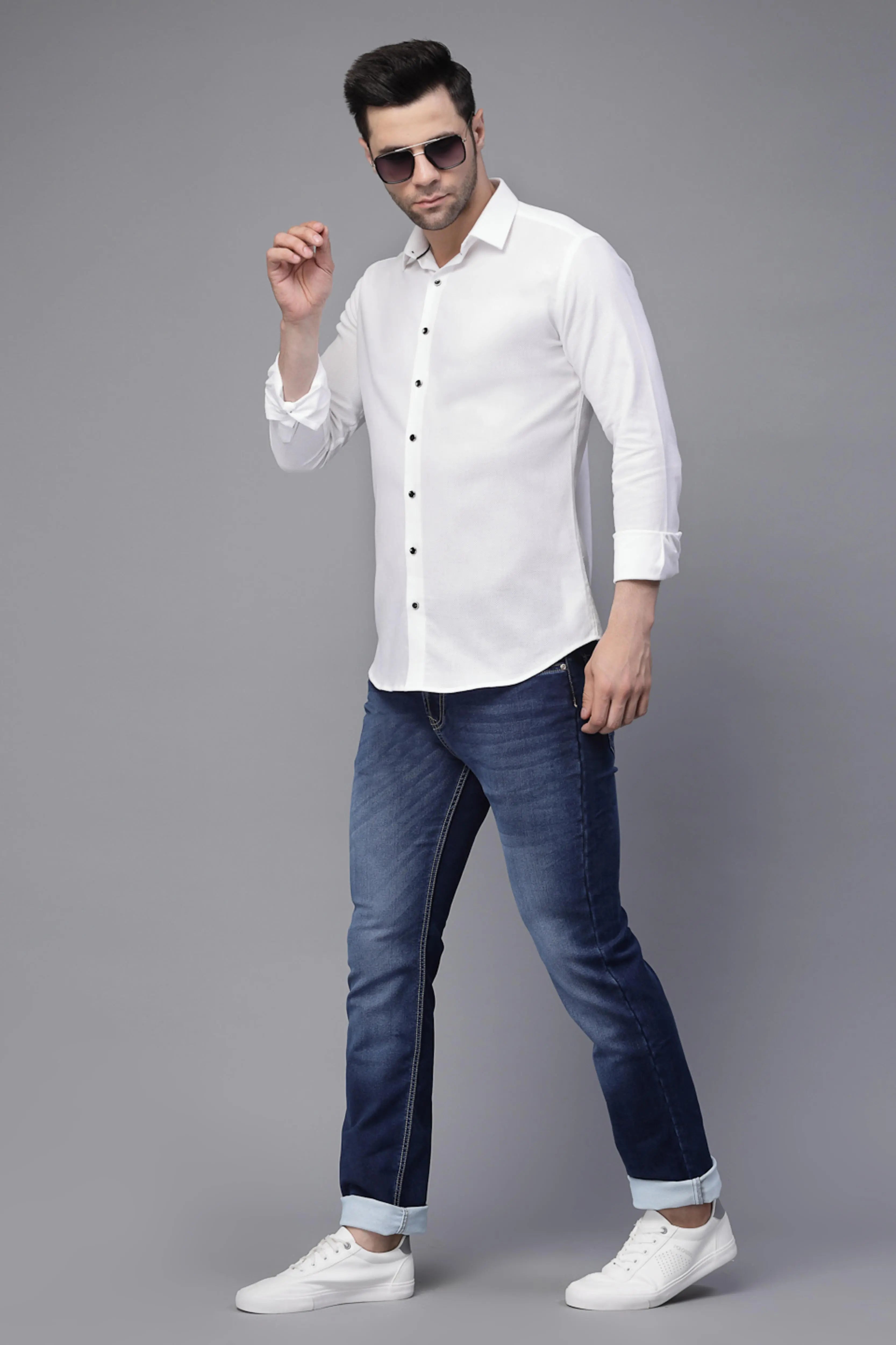 s White Full Sleeve Collar Neck Solid Shirt - Global Republic