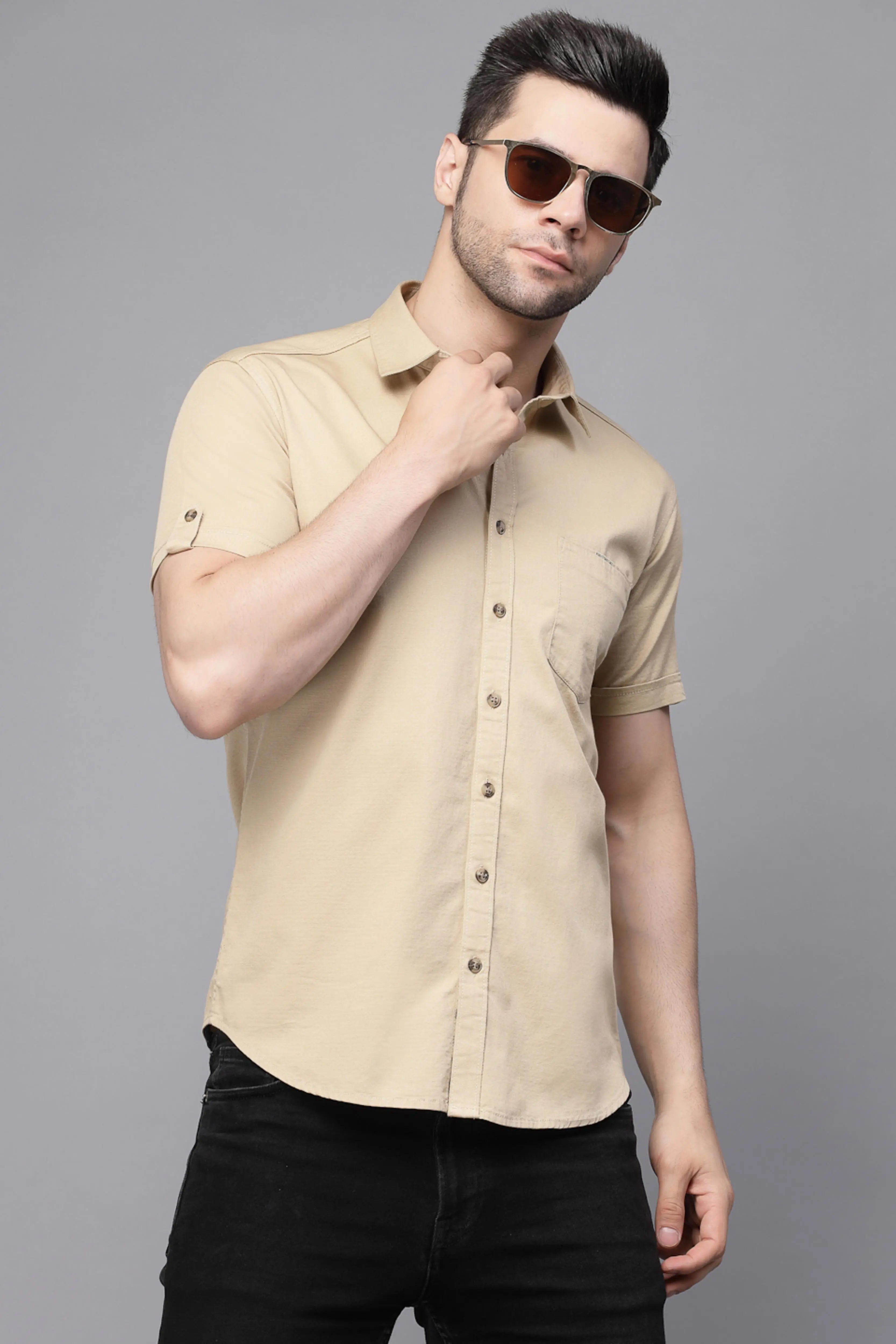 Mens Khaki Collar Neck Solid Shirt - Global Republic
