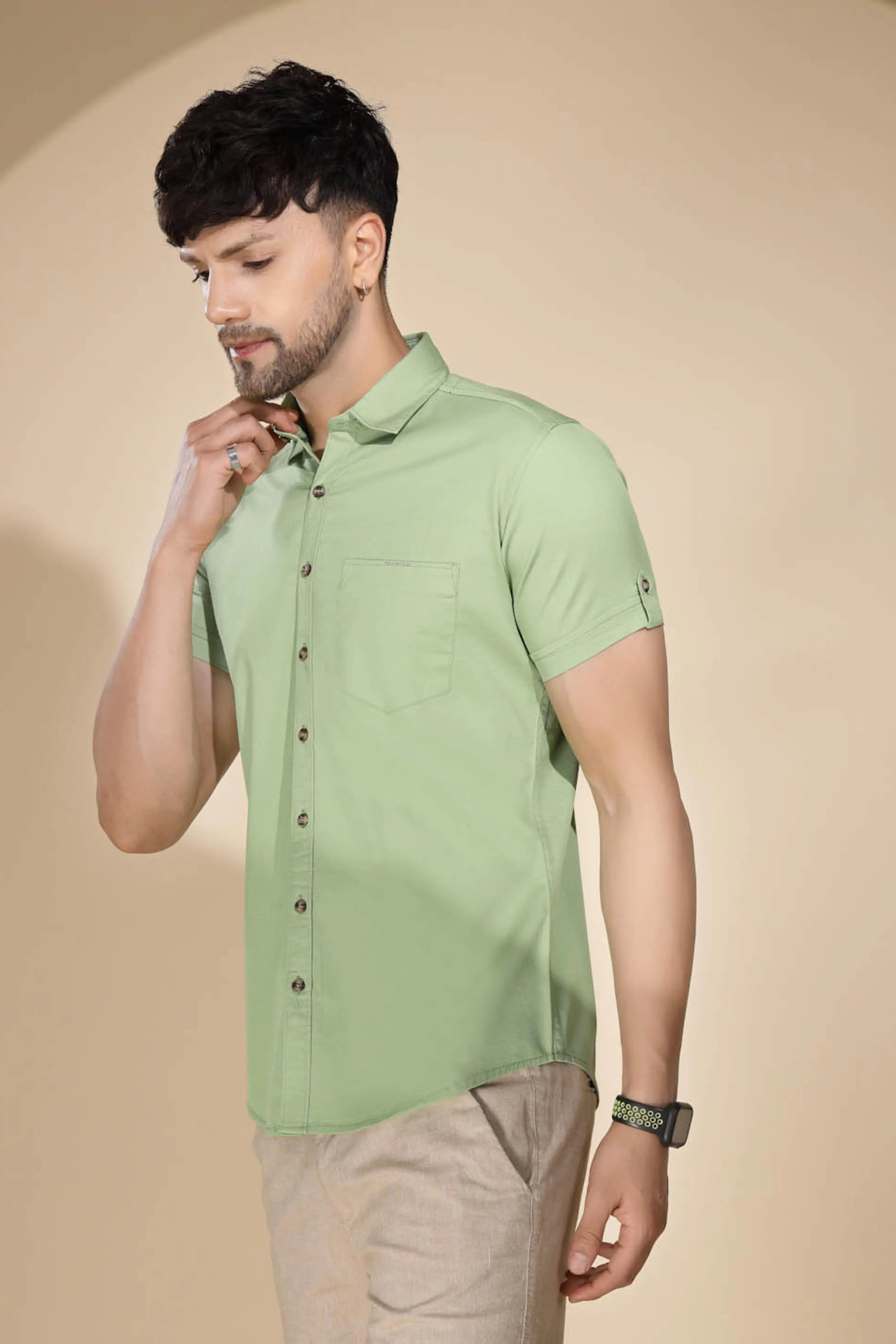 Mens Green Collar Neck Solid Shirt - Global Republic