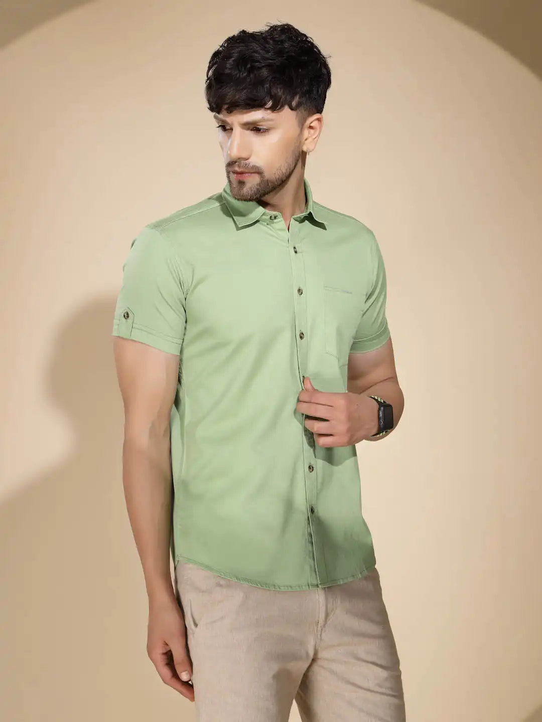 Mens Green Collar Neck Solid Shirt - Global Republic