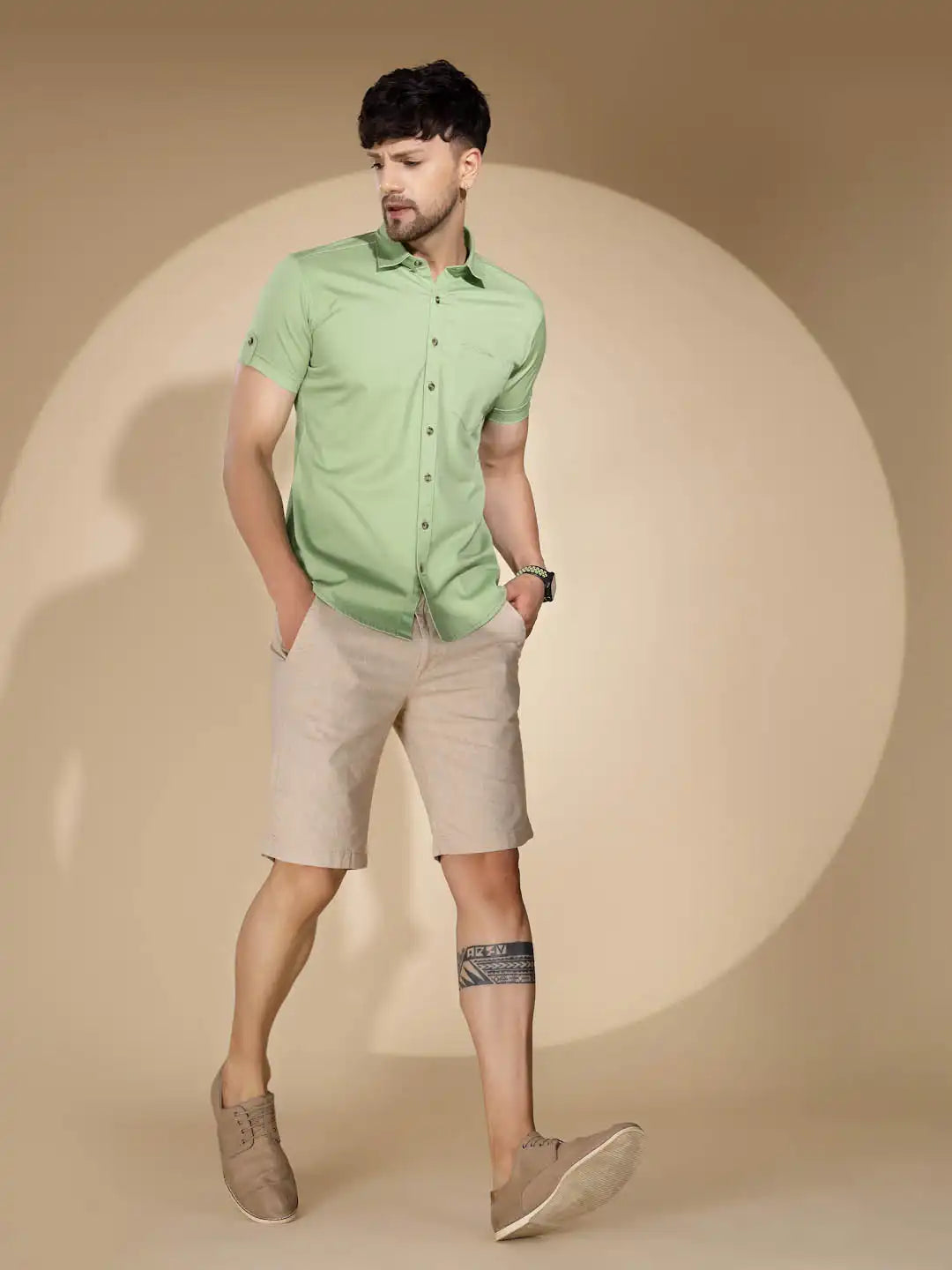 Mens Green Collar Neck Solid Shirt - Global Republic
