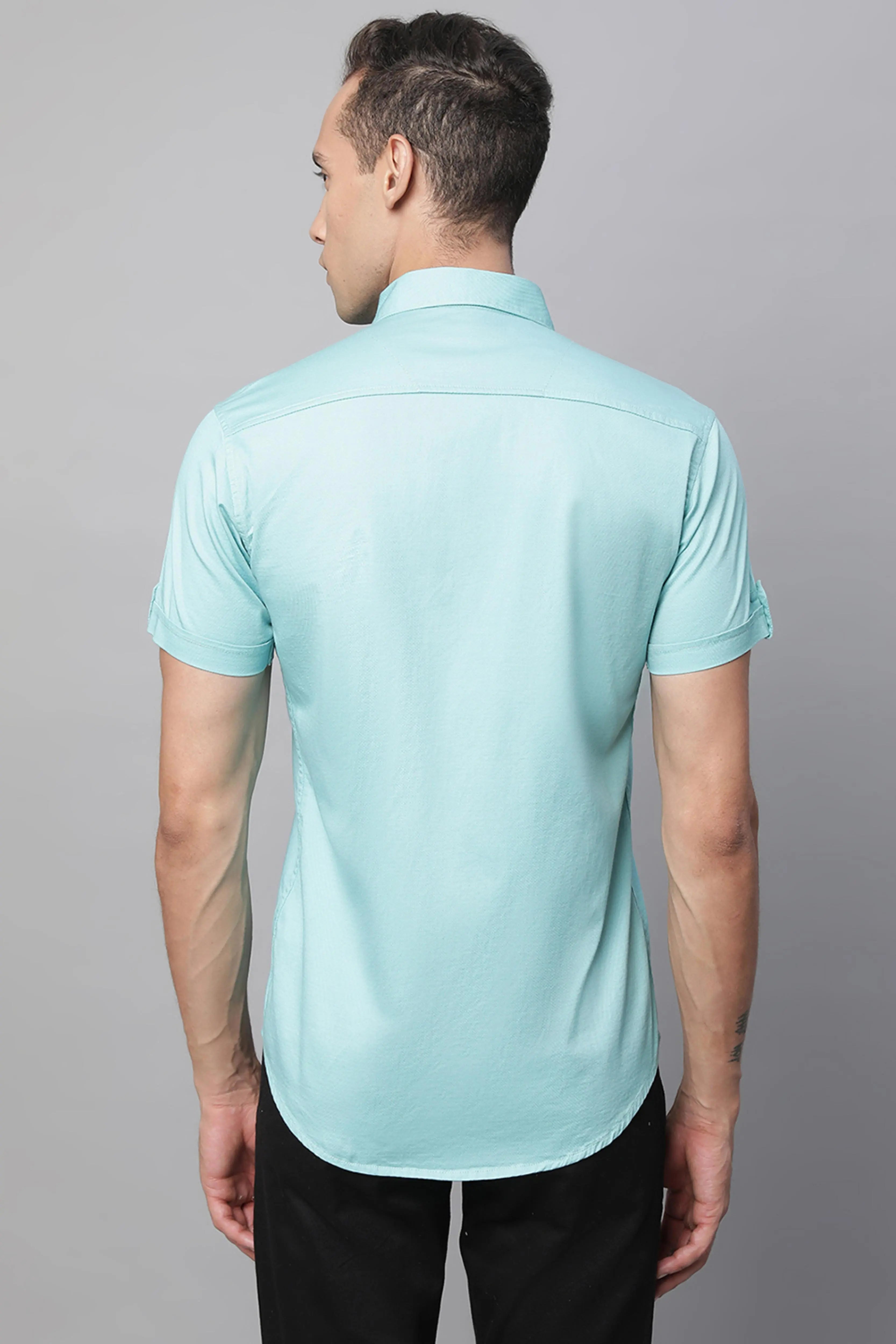 Mens Aqua Collar Neck Solid Shirt - Global Republic