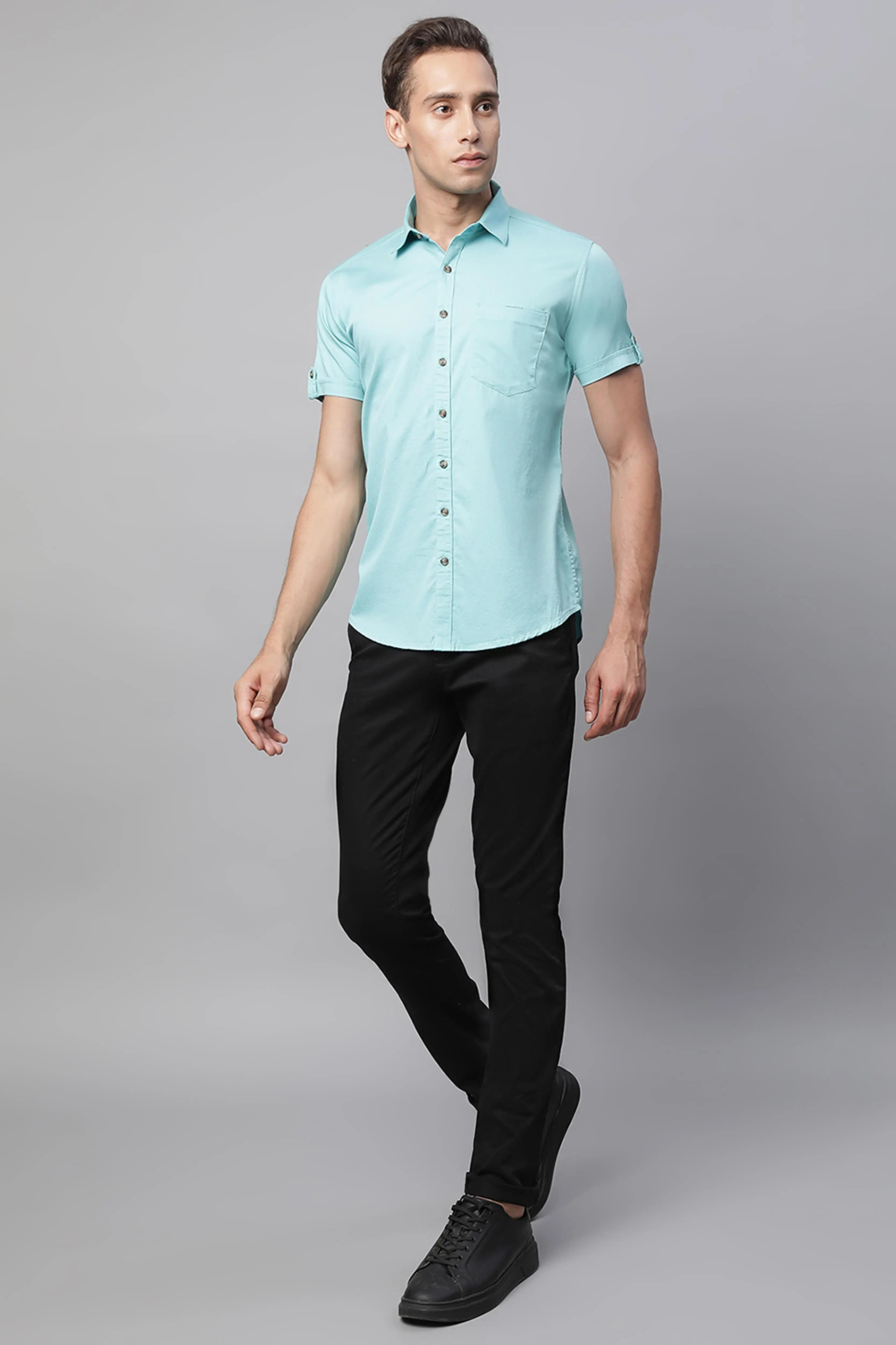 Mens Aqua Collar Neck Solid Shirt - Global Republic