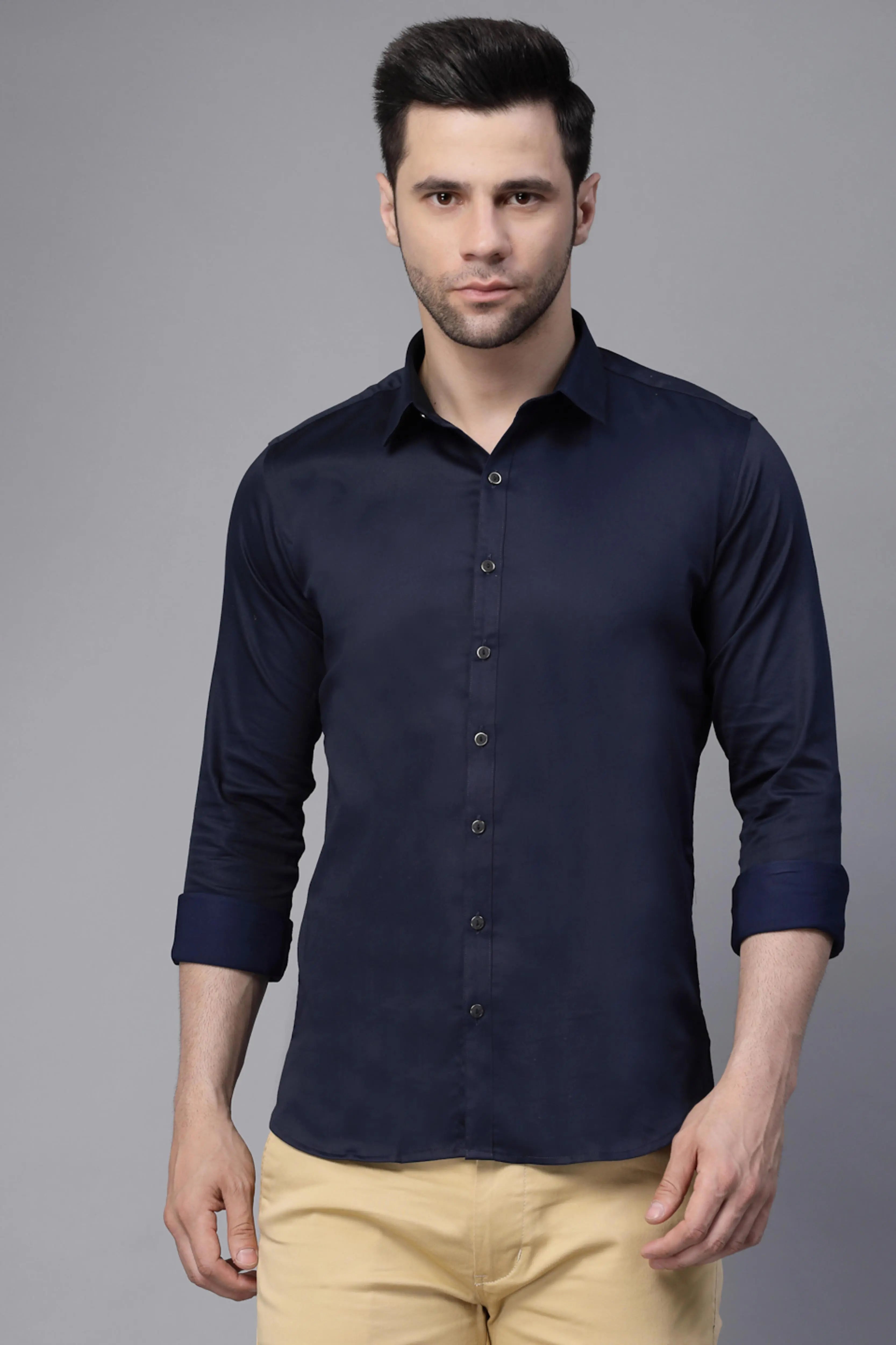Mens Navy Blue Collar Neck Solid Shirt - Global Republic