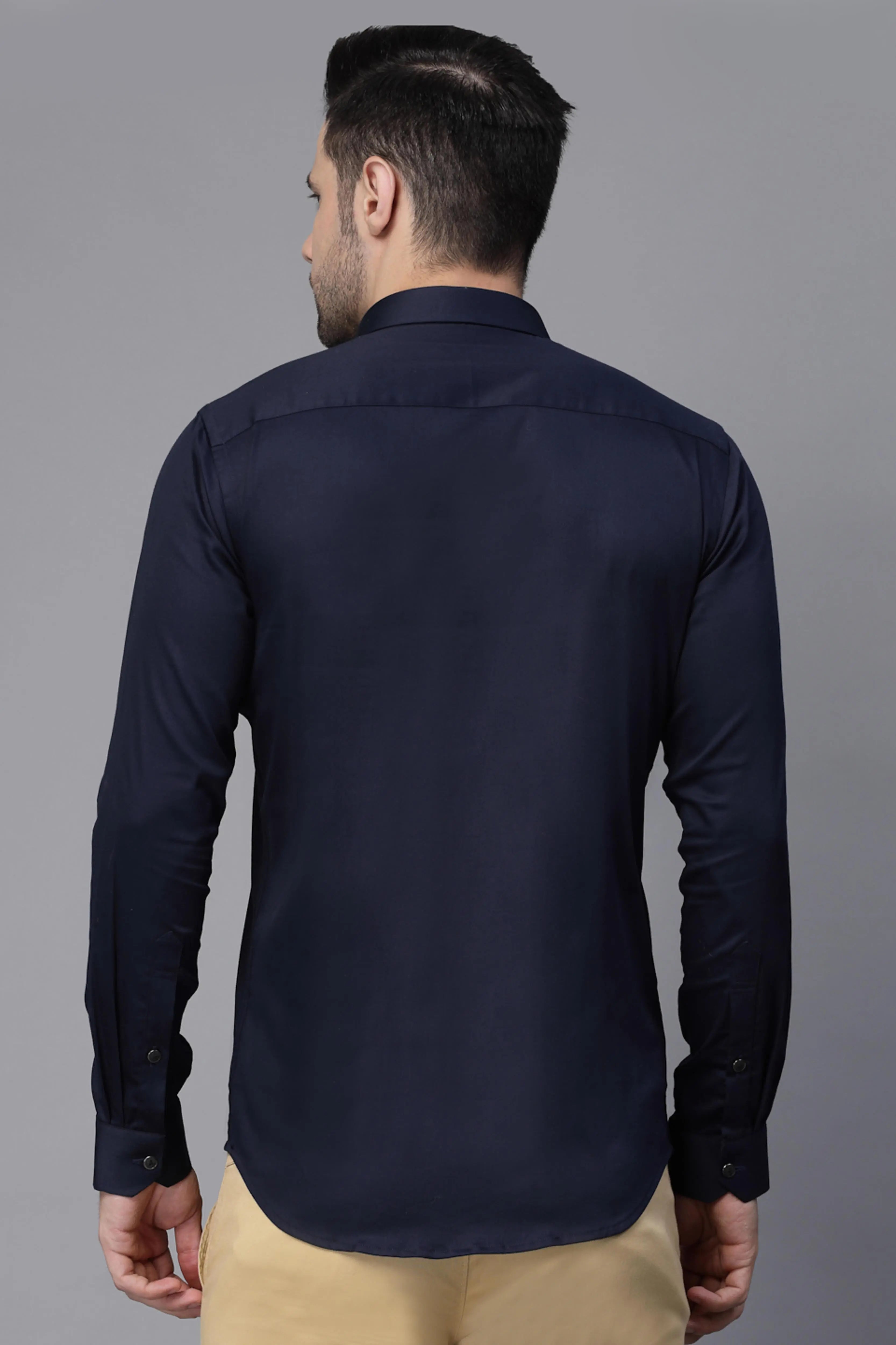 Mens Navy Blue Collar Neck Solid Shirt - Global Republic