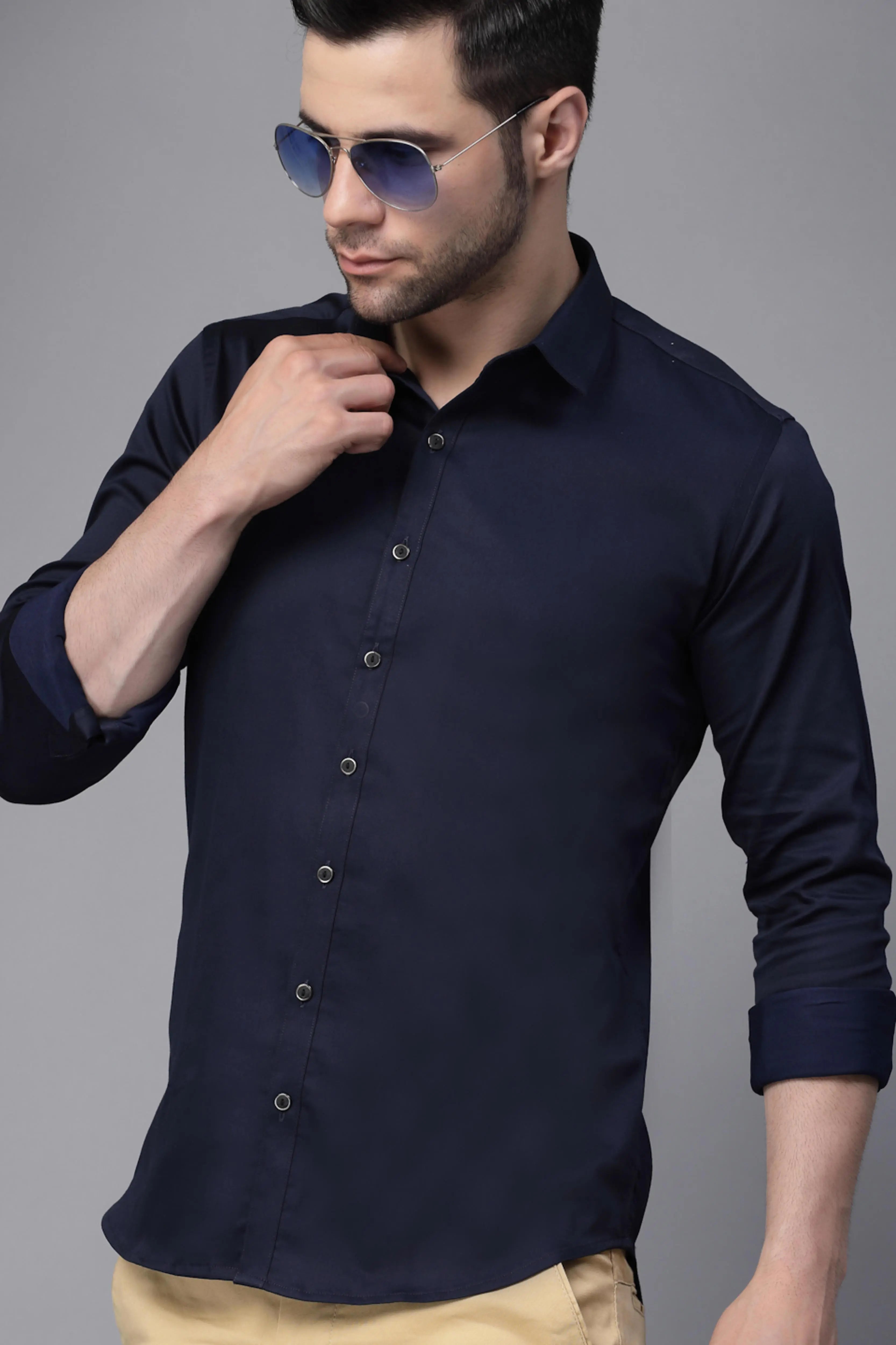 Mens Navy Blue Collar Neck Solid Shirt - Global Republic