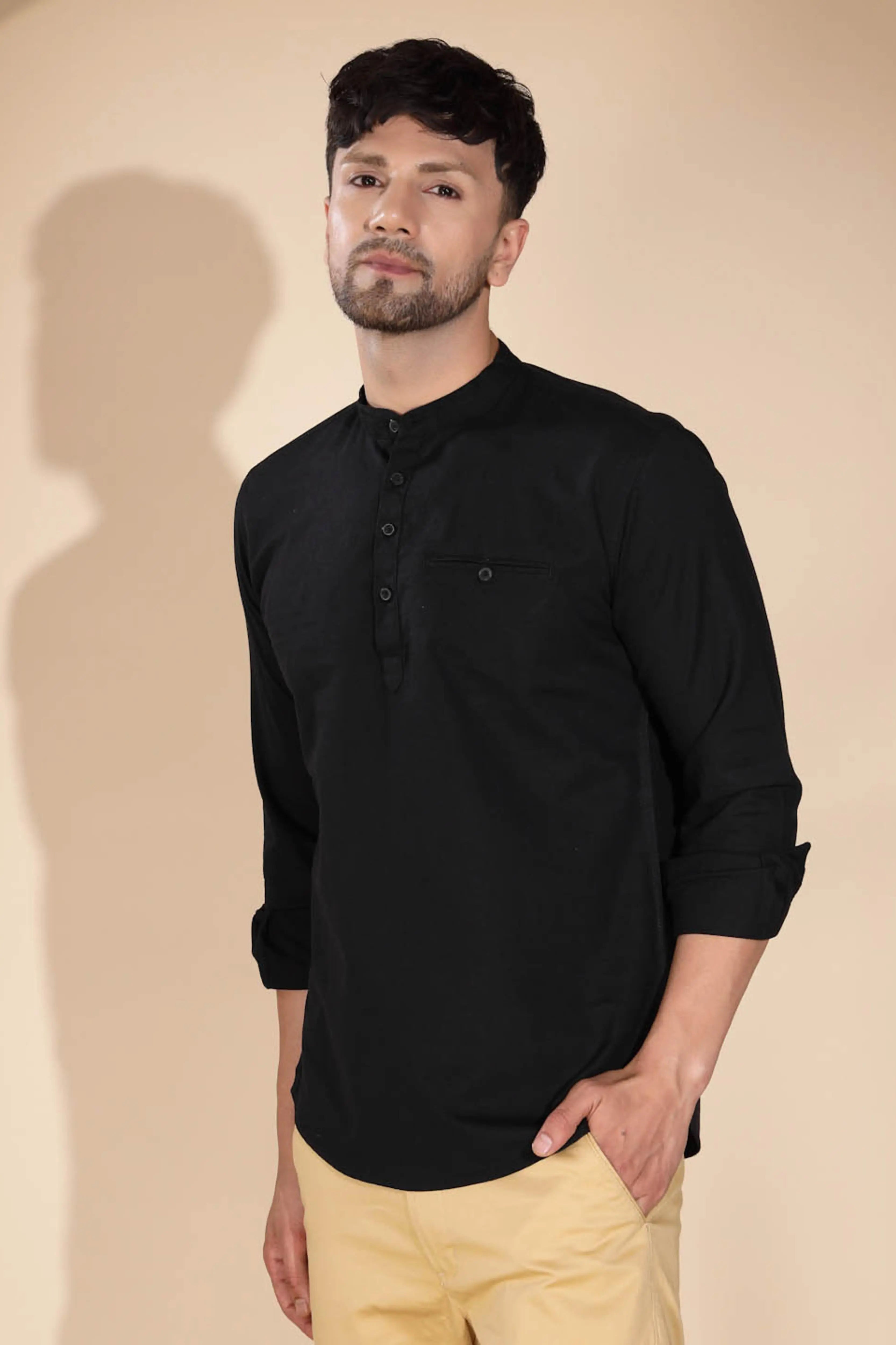 Mens Navy Blue Round Nack Solid Kurta - Global Republic