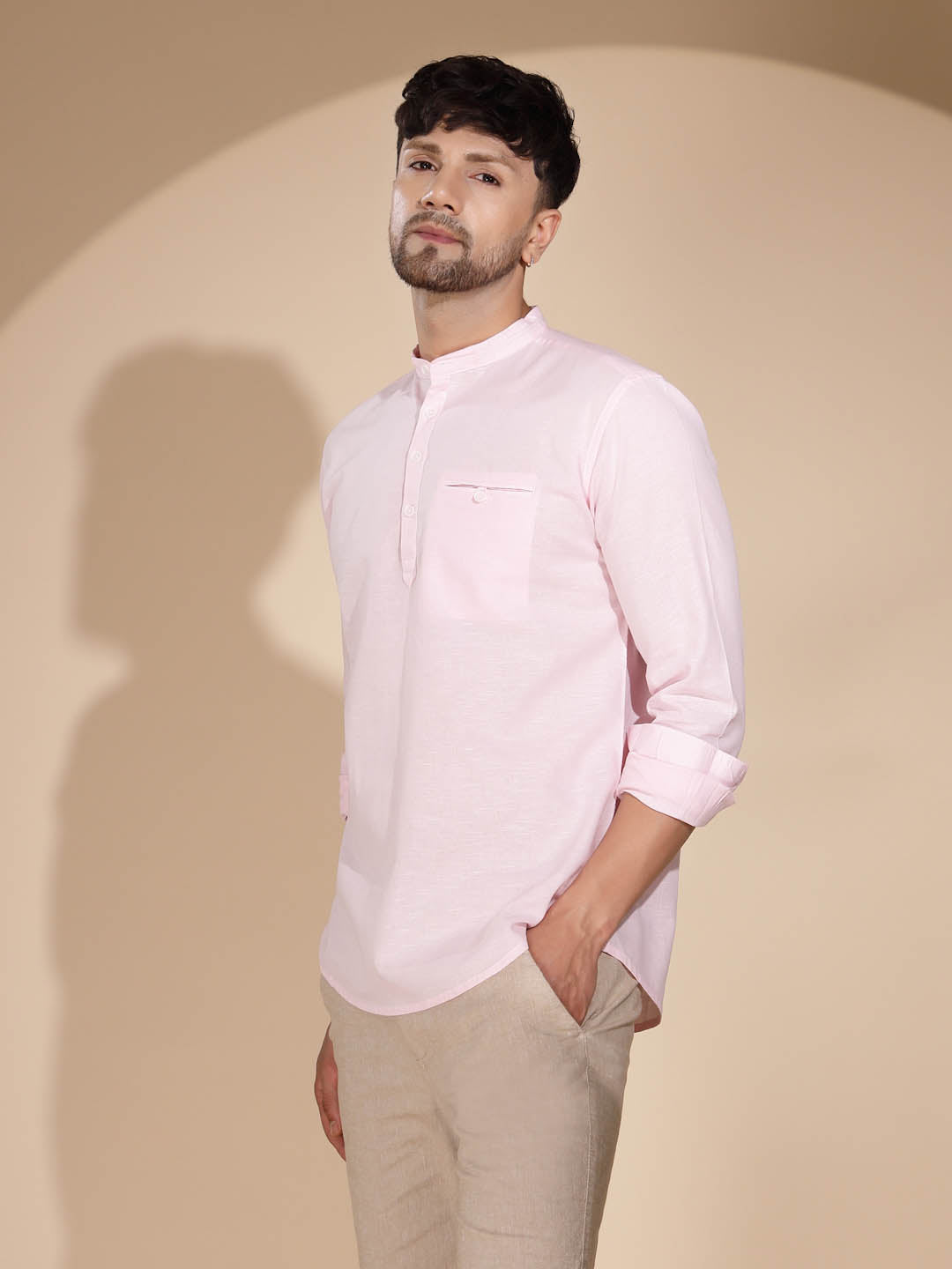 Mens Pink Round Nack Solid Kurta - Global Republic