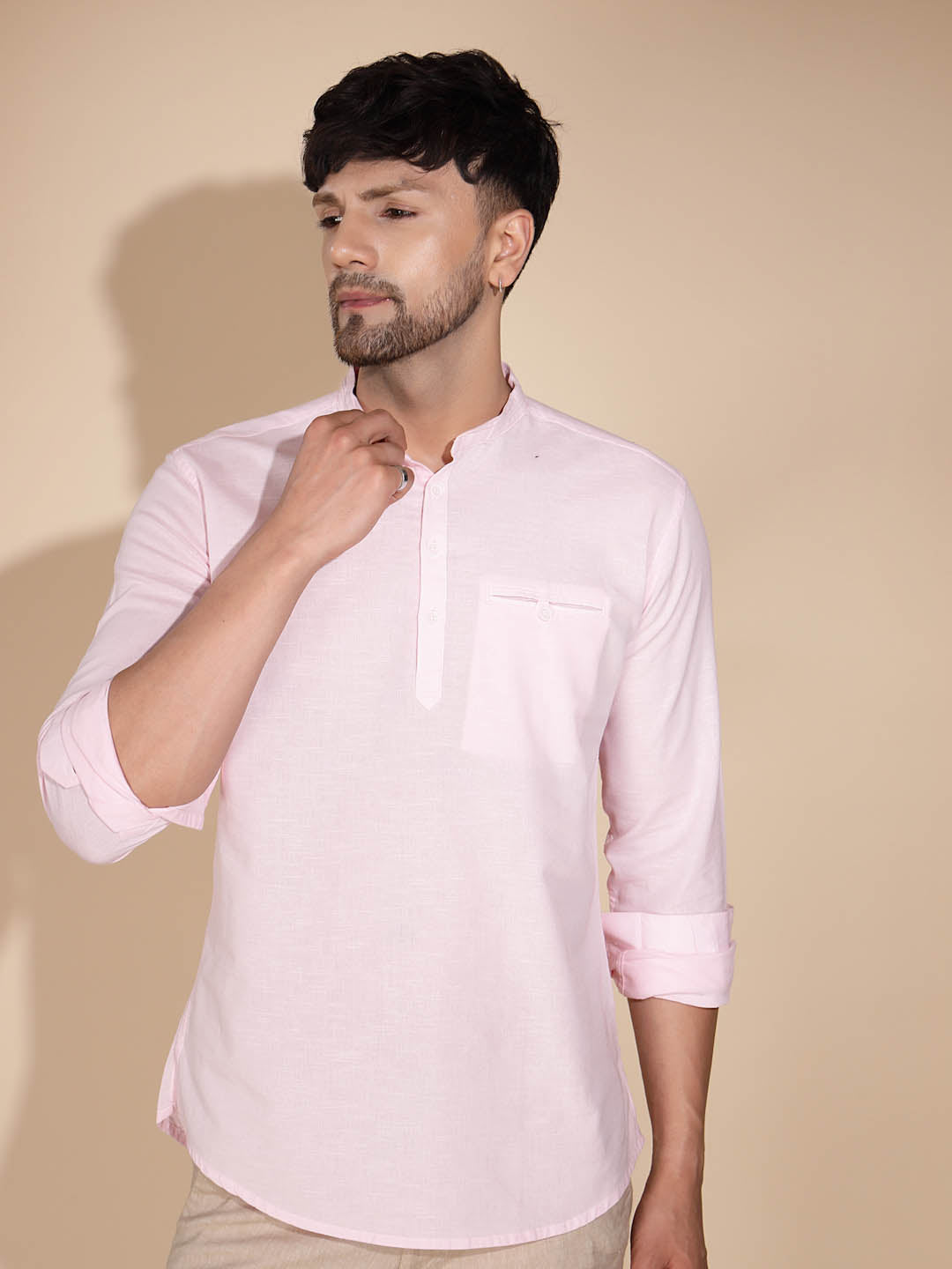 Mens Pink Round Nack Solid Kurta - Global Republic