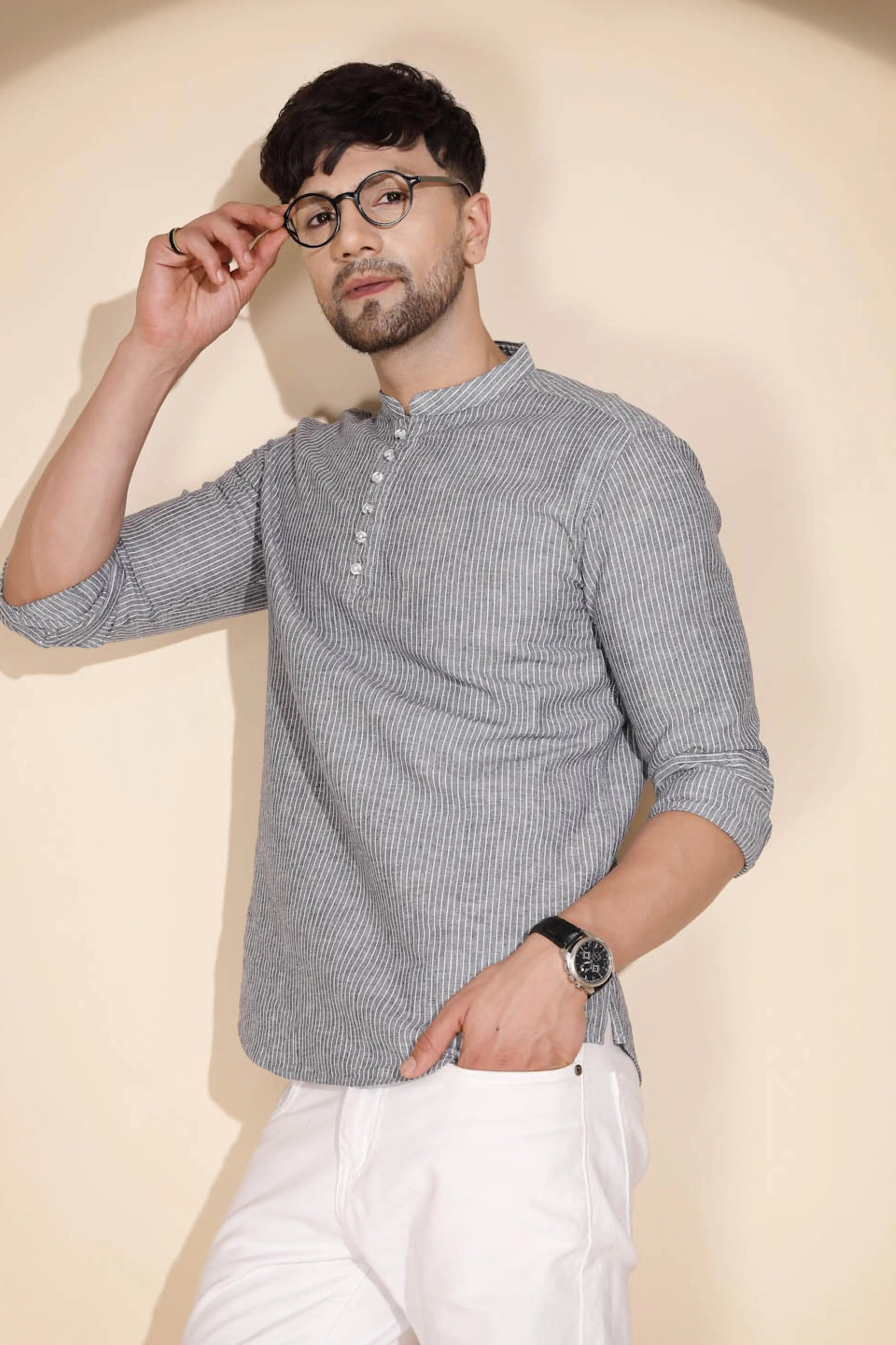 Mens Grey Round Nack Printed Kurta - Global Republic