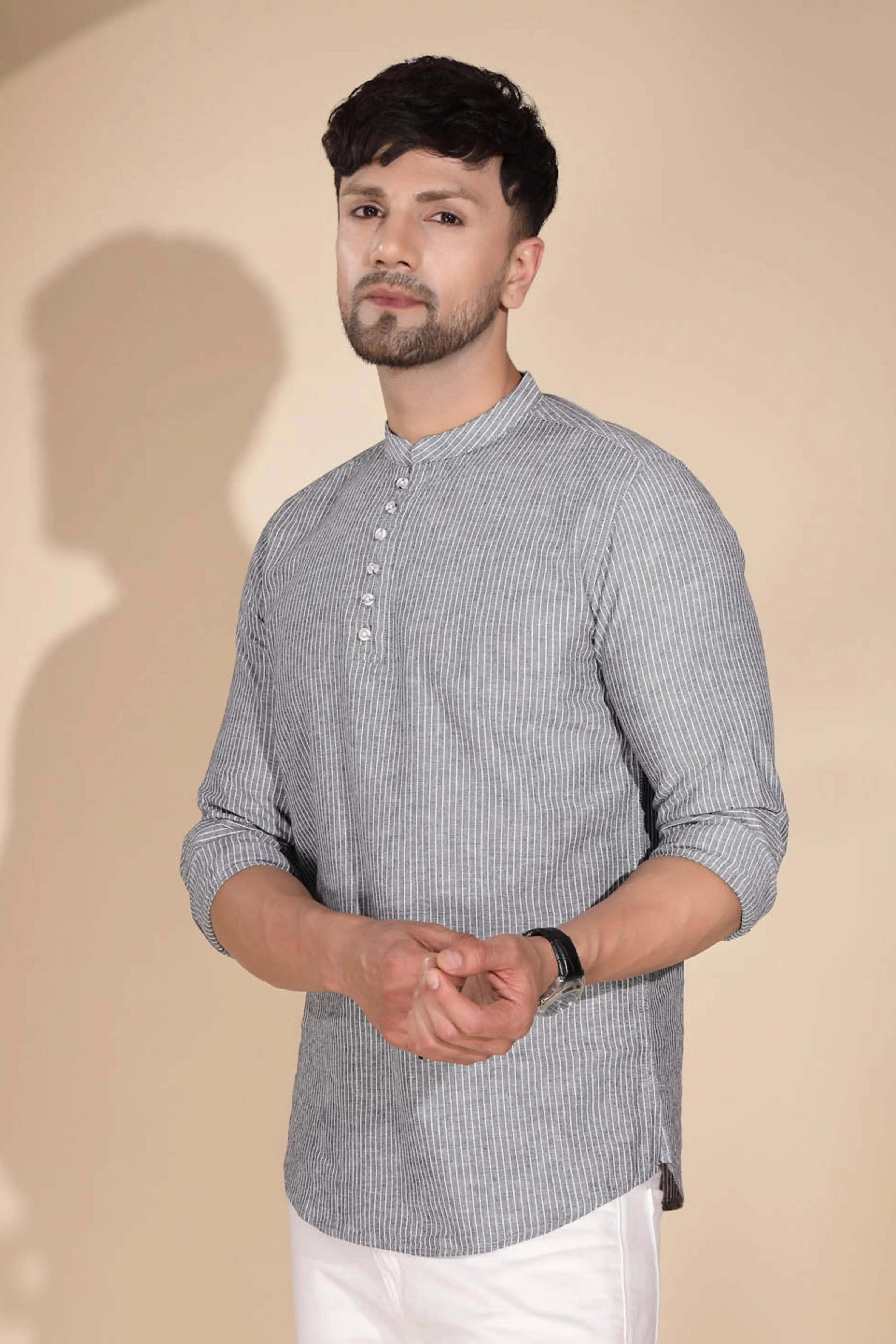 Mens Grey Round Nack Printed Kurta - Global Republic