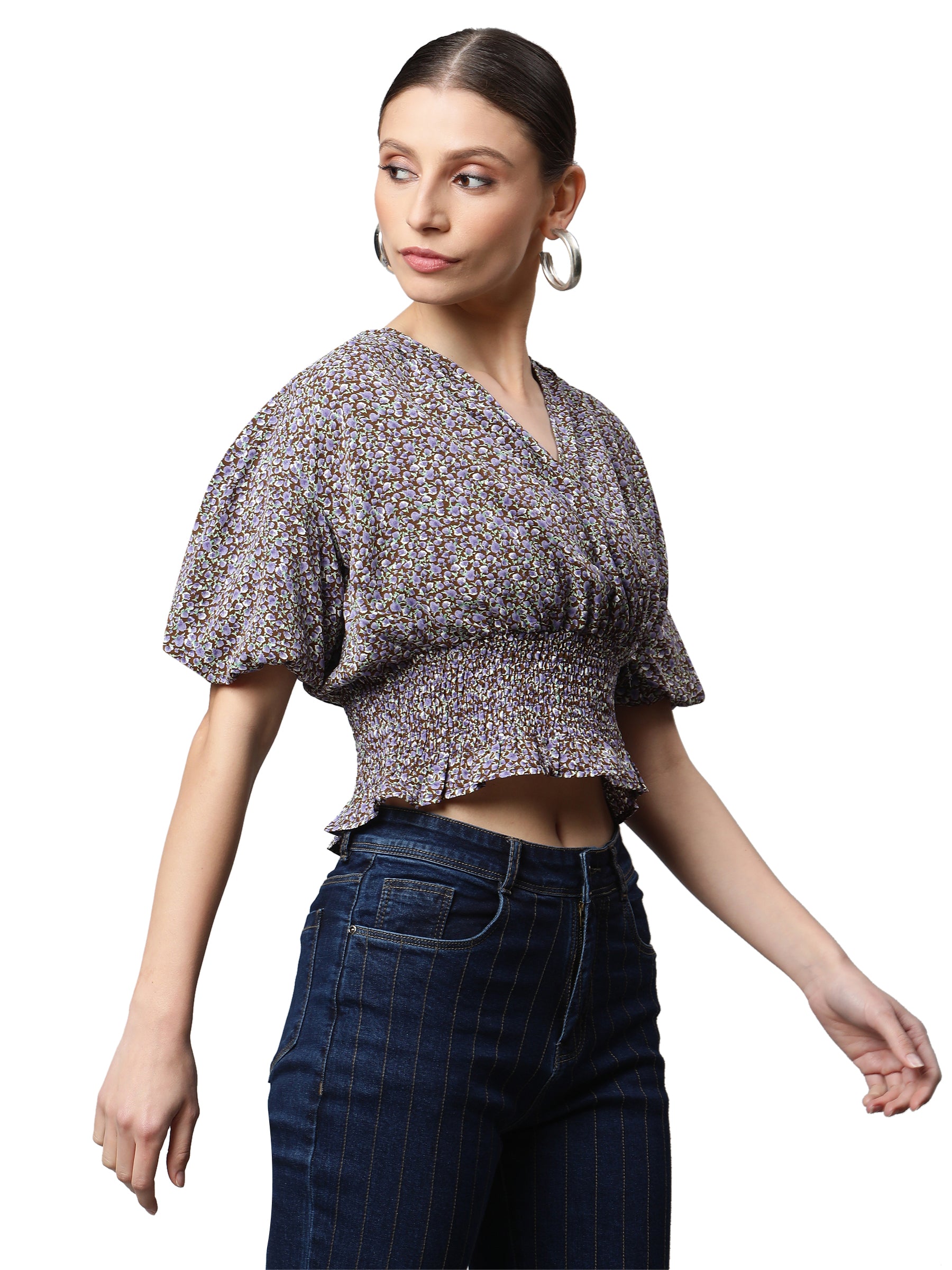 Elasticated Hem Floral Print Cropped Top - Global Republic
