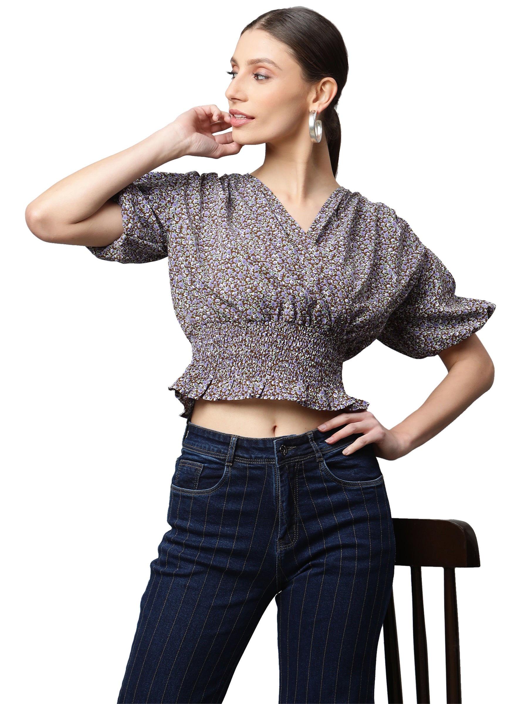 Elasticated Hem Floral Print Cropped Top - Global Republic