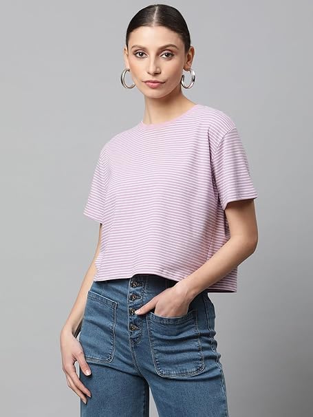 Women Loose Fit Horizontal Striped T-Shirt