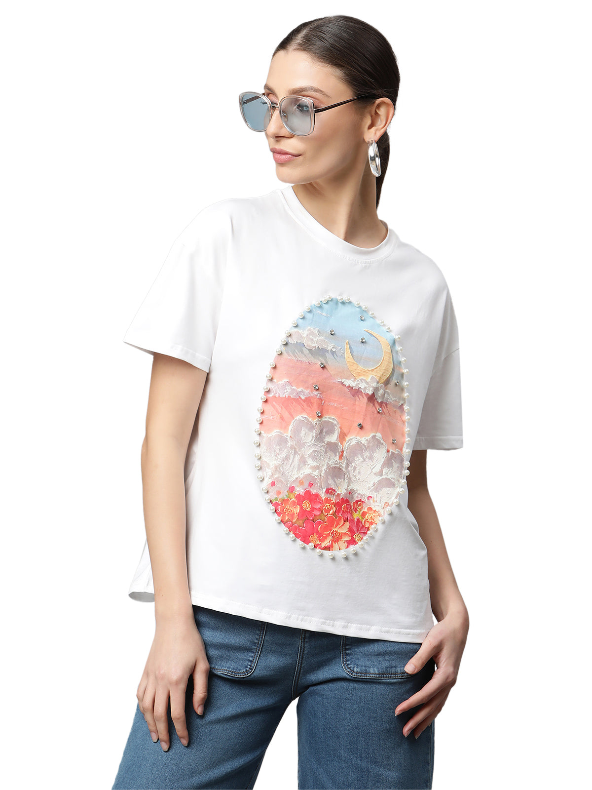 White Graphic Embellished T-Shirt - Global Republic