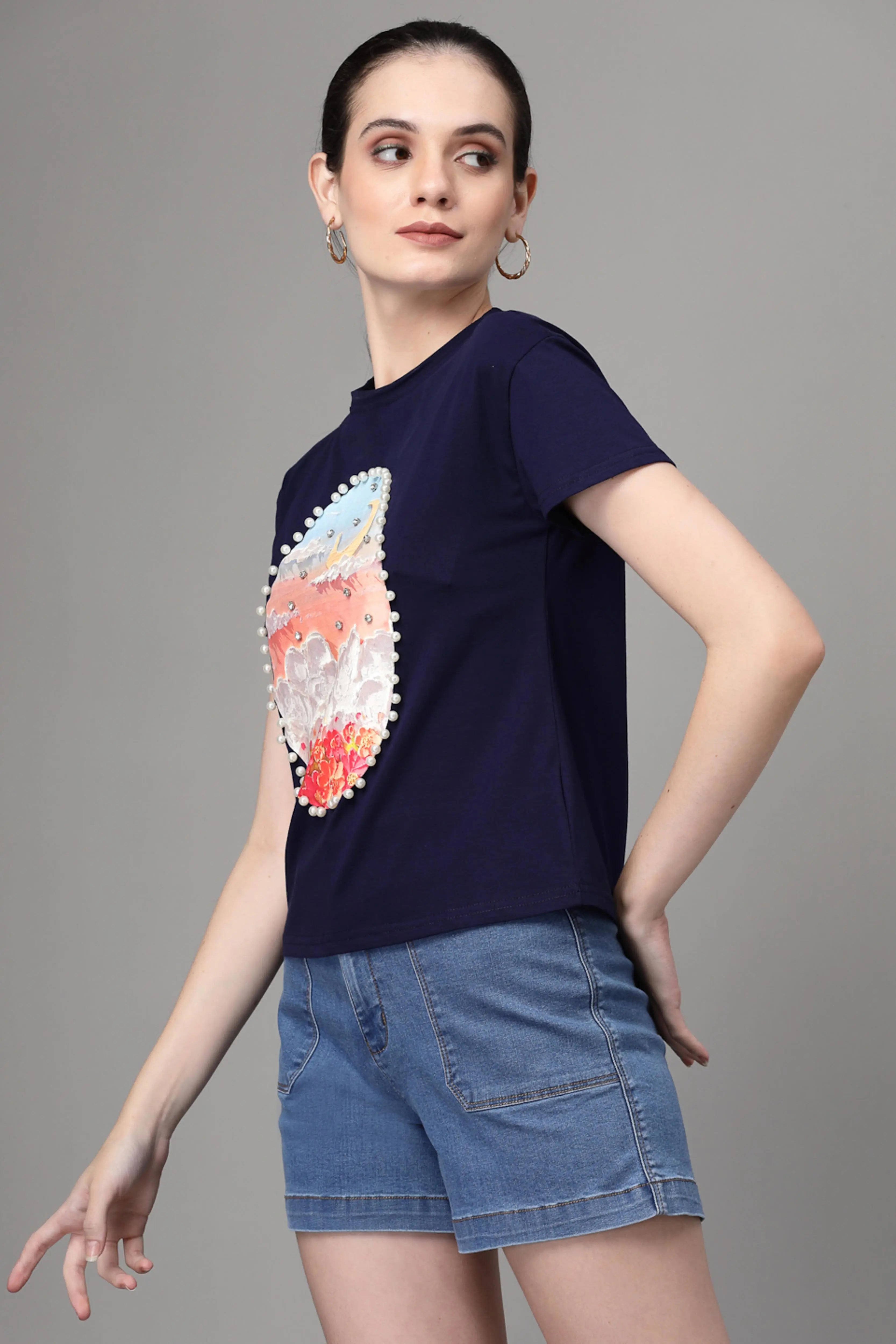 Blue Graphic Print Cotton Blend T-Shirt - Global Republic