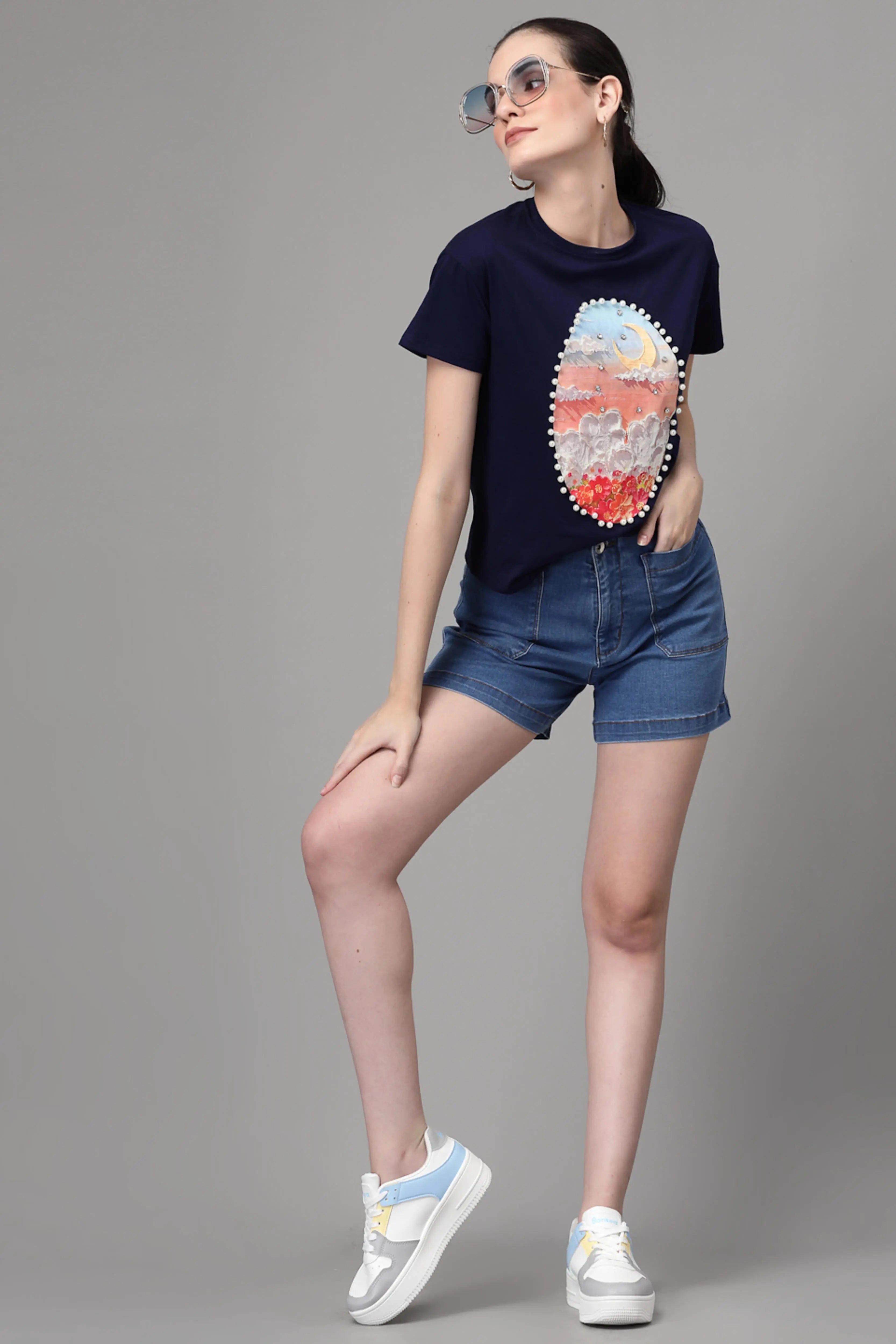 Blue Graphic Print Cotton Blend T-Shirt - Global Republic