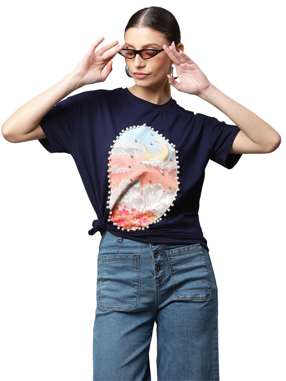 Blue Graphic Print Cotton Blend T-Shirt - Global Republic