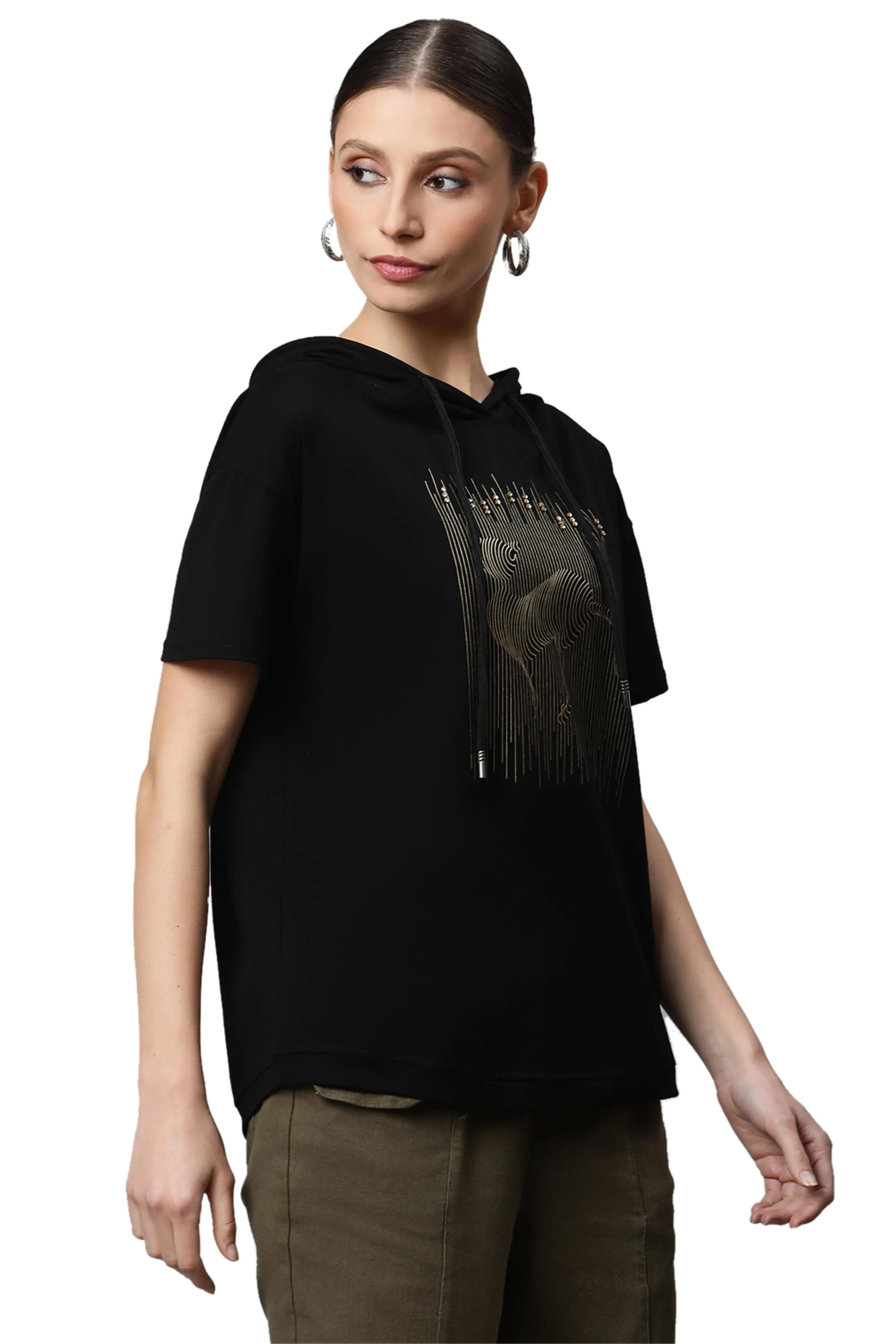 Women Black Regular Fit Hooded Embellished T-Shirt - Global Republic