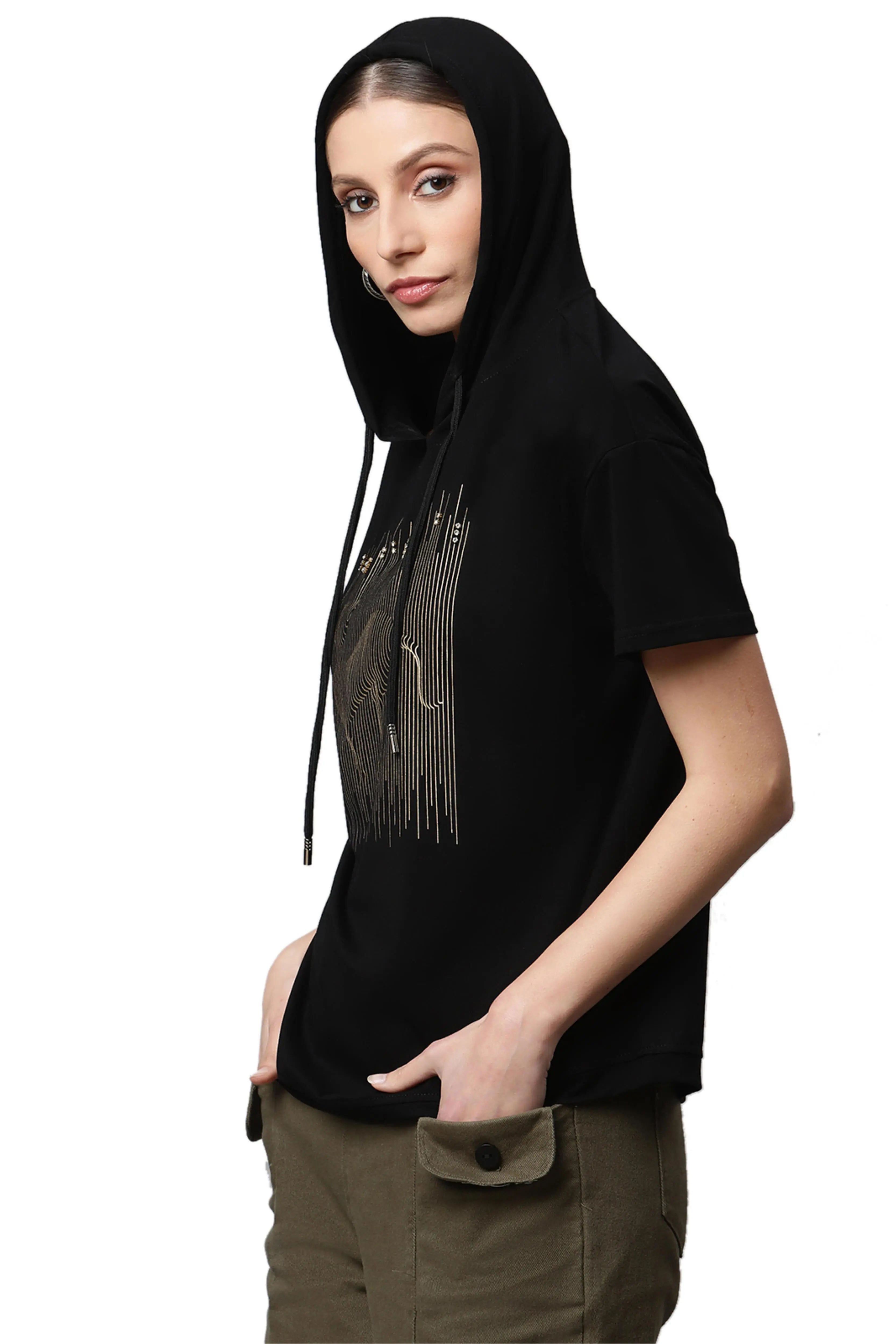 Women Black Regular Fit Hooded Embellished T-Shirt - Global Republic