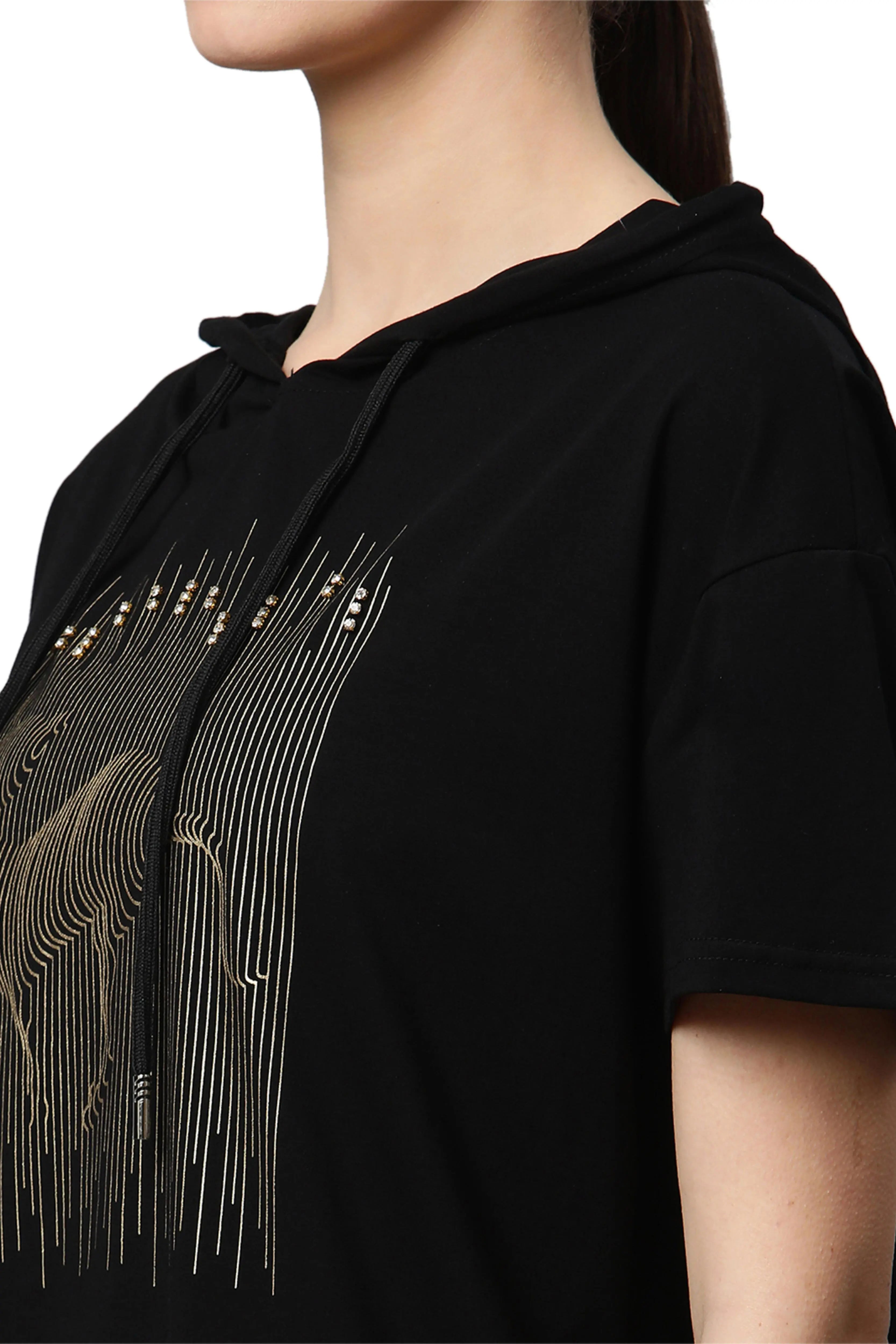 Women Black Regular Fit Hooded Embellished T-Shirt - Global Republic