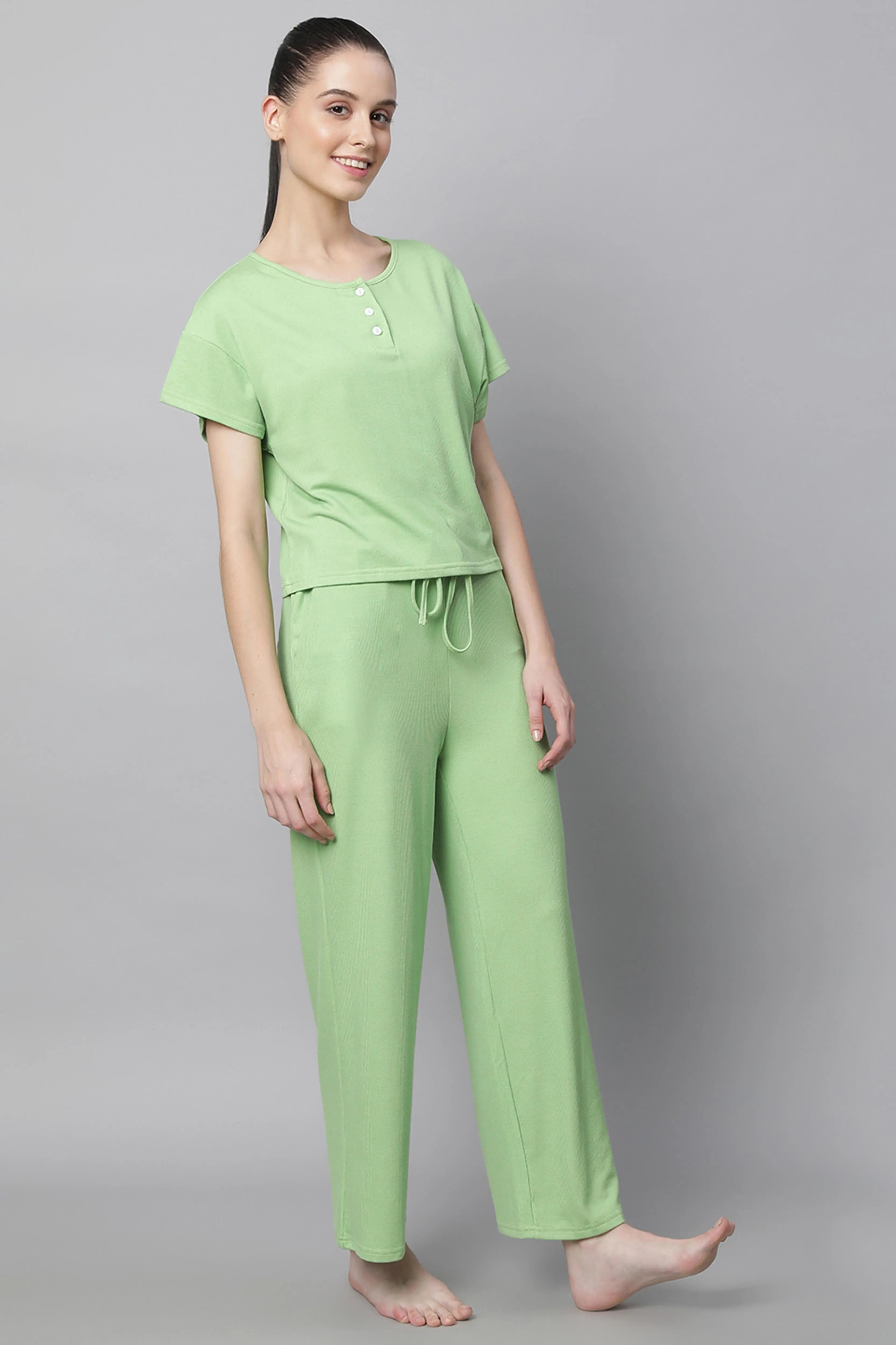 Women Green Hosiery Solid Night Suit - Global Republic
