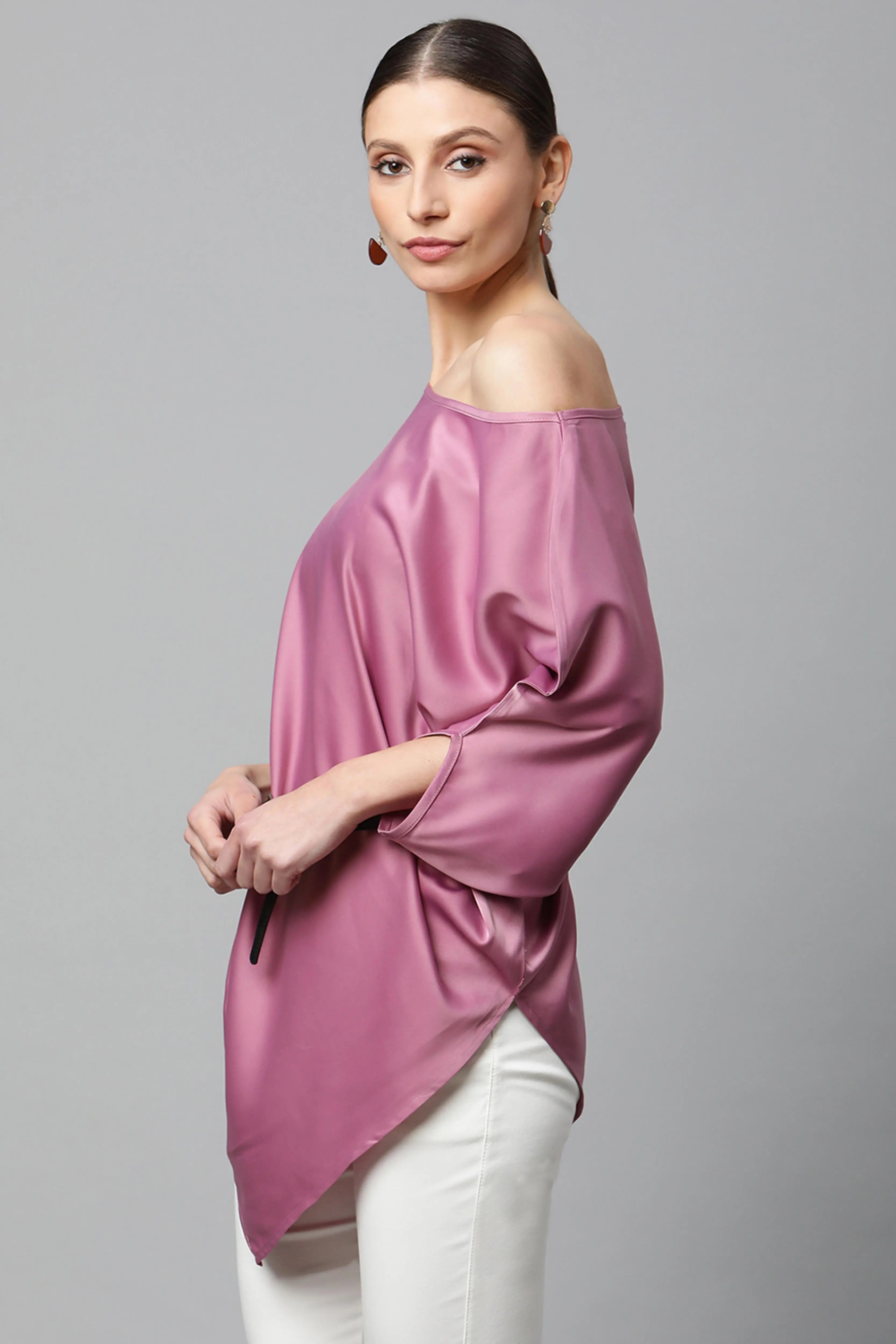Satin Asymmetric Hem Off-Shoulder Top - Global Republic