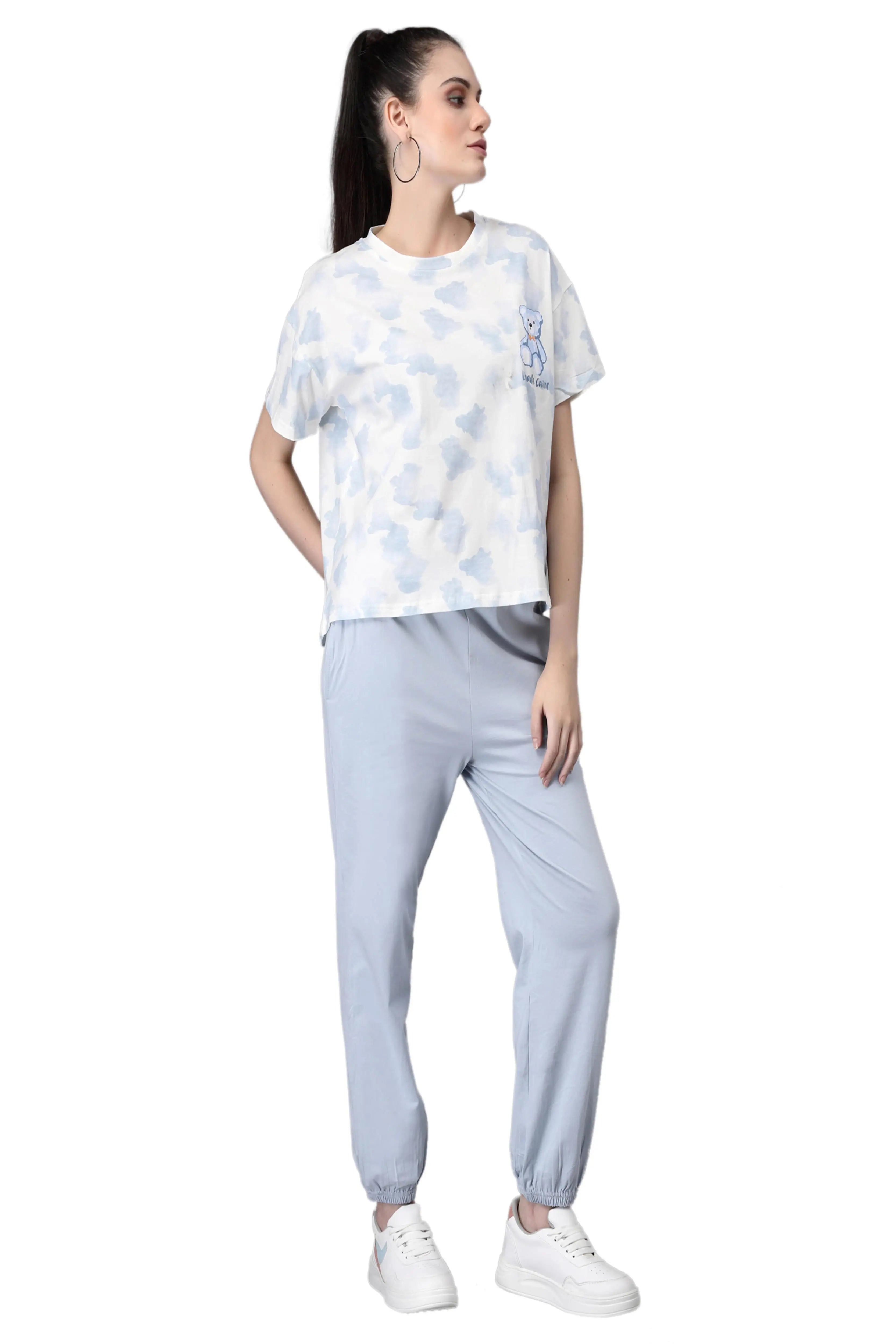Women Grey Round Neck Loose Fit Printed Night Suit Set - Global Republic