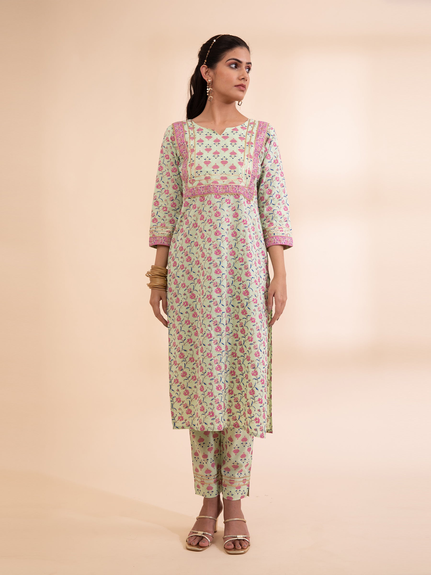 Green Floral Cotton Kurta Set - Global Republic