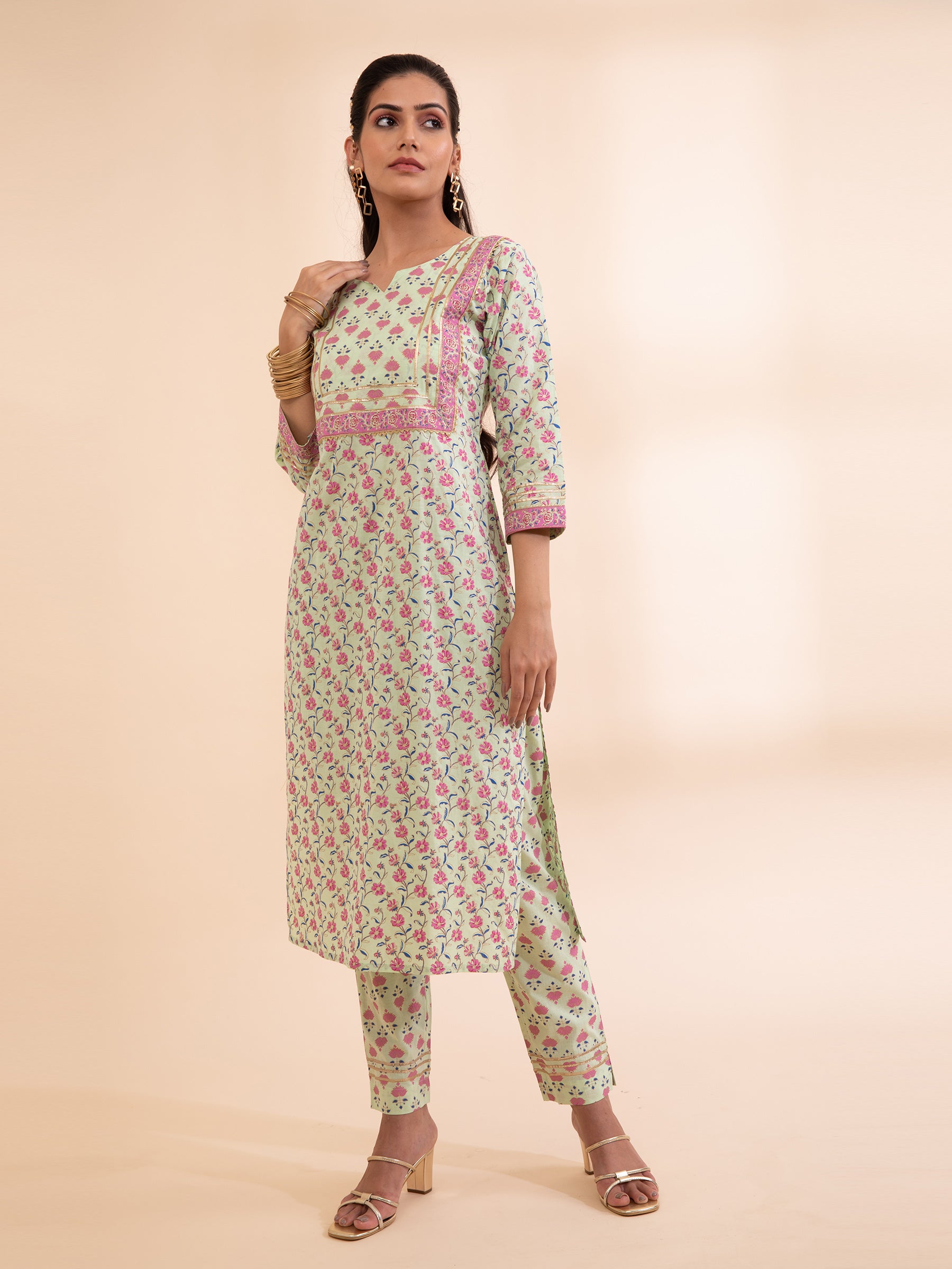 Green Floral Cotton Kurta Set - Global Republic