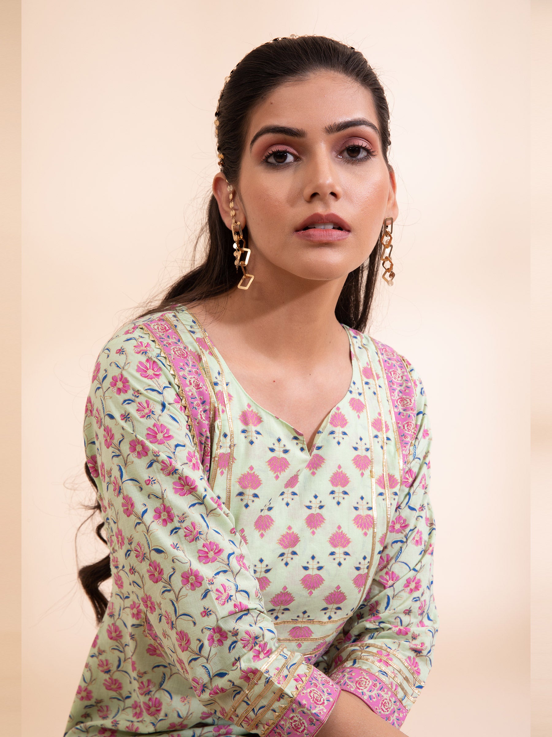 Green Floral Cotton Kurta Set - Global Republic