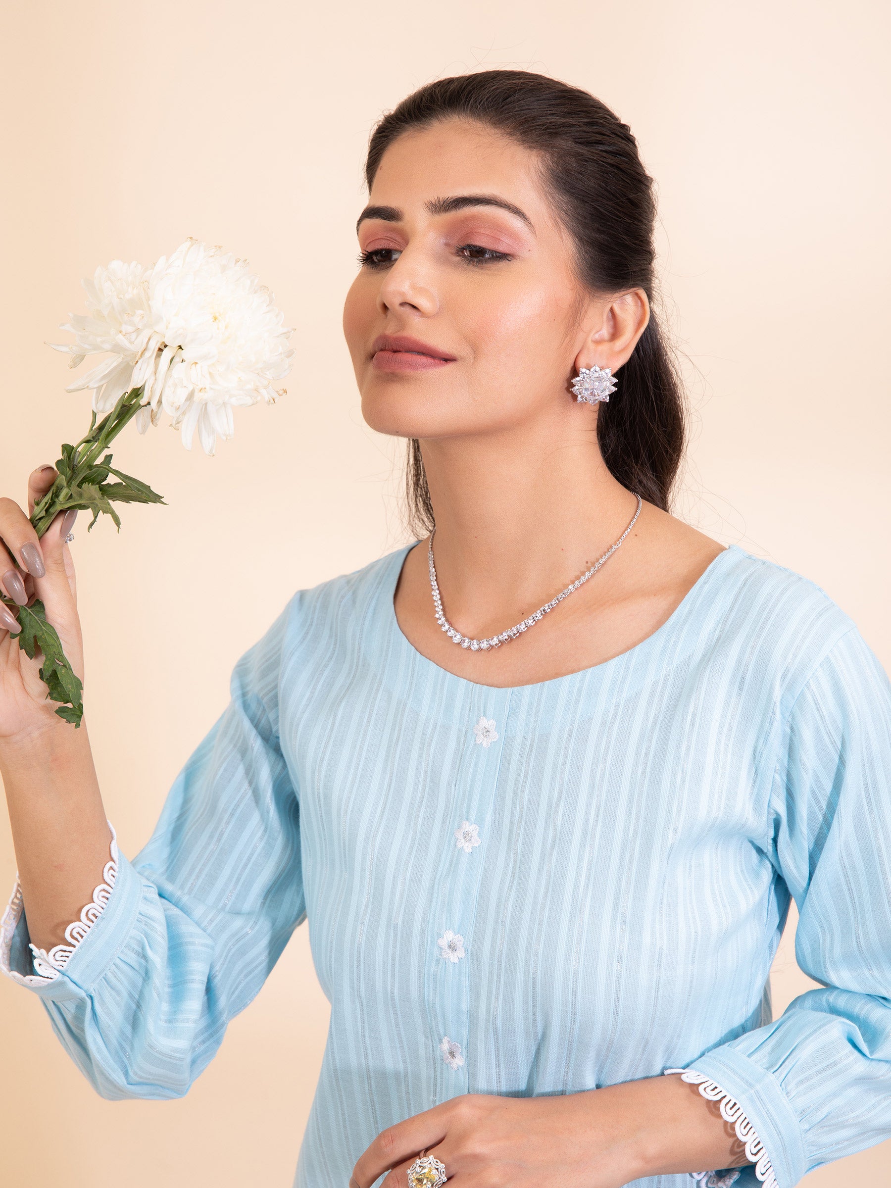 Women Sky Blue Round Neck Printed Tunic Set - Global Republic