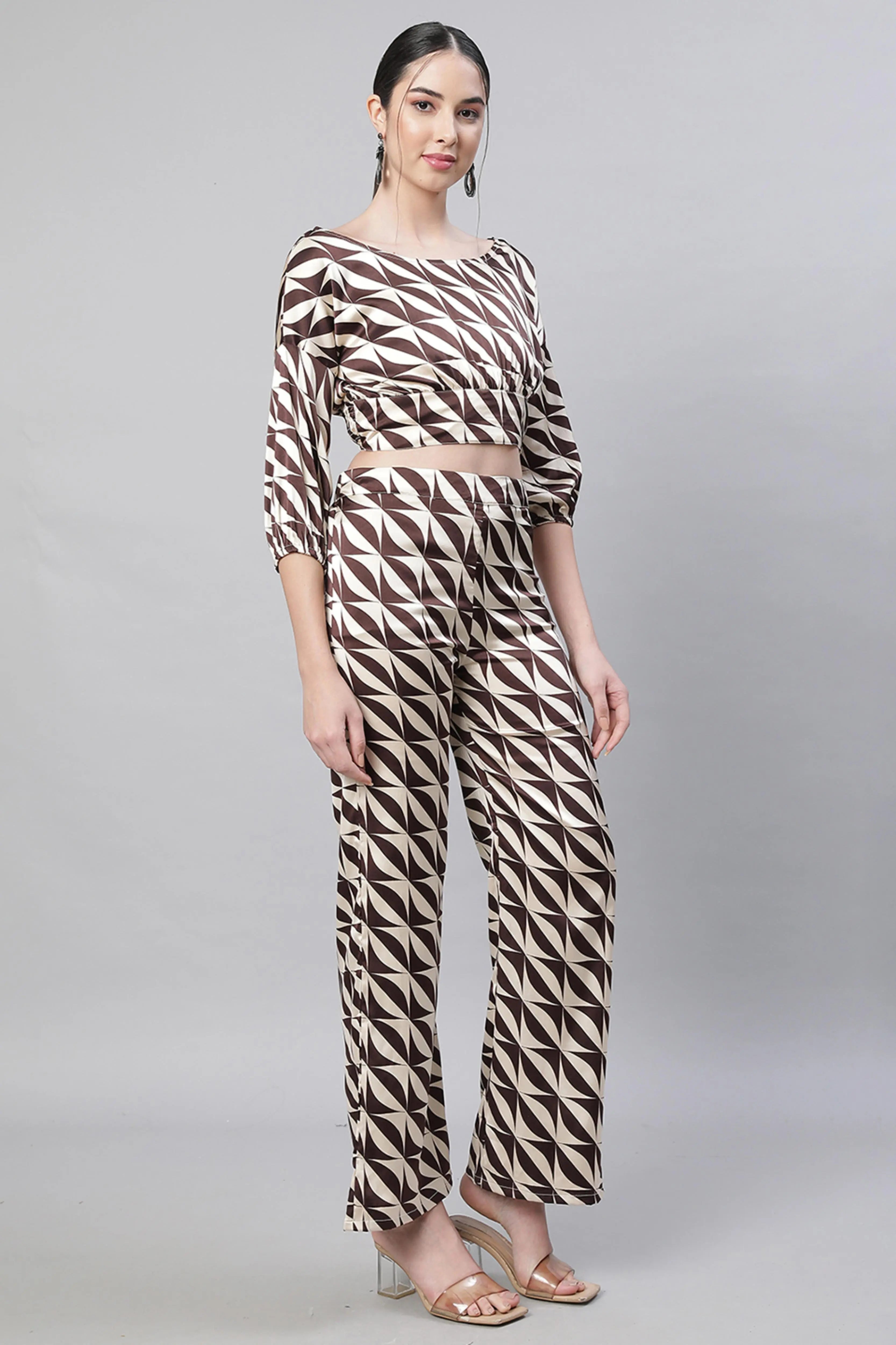 Brown Oval Neck Printed Co-ord Set - Global Republic