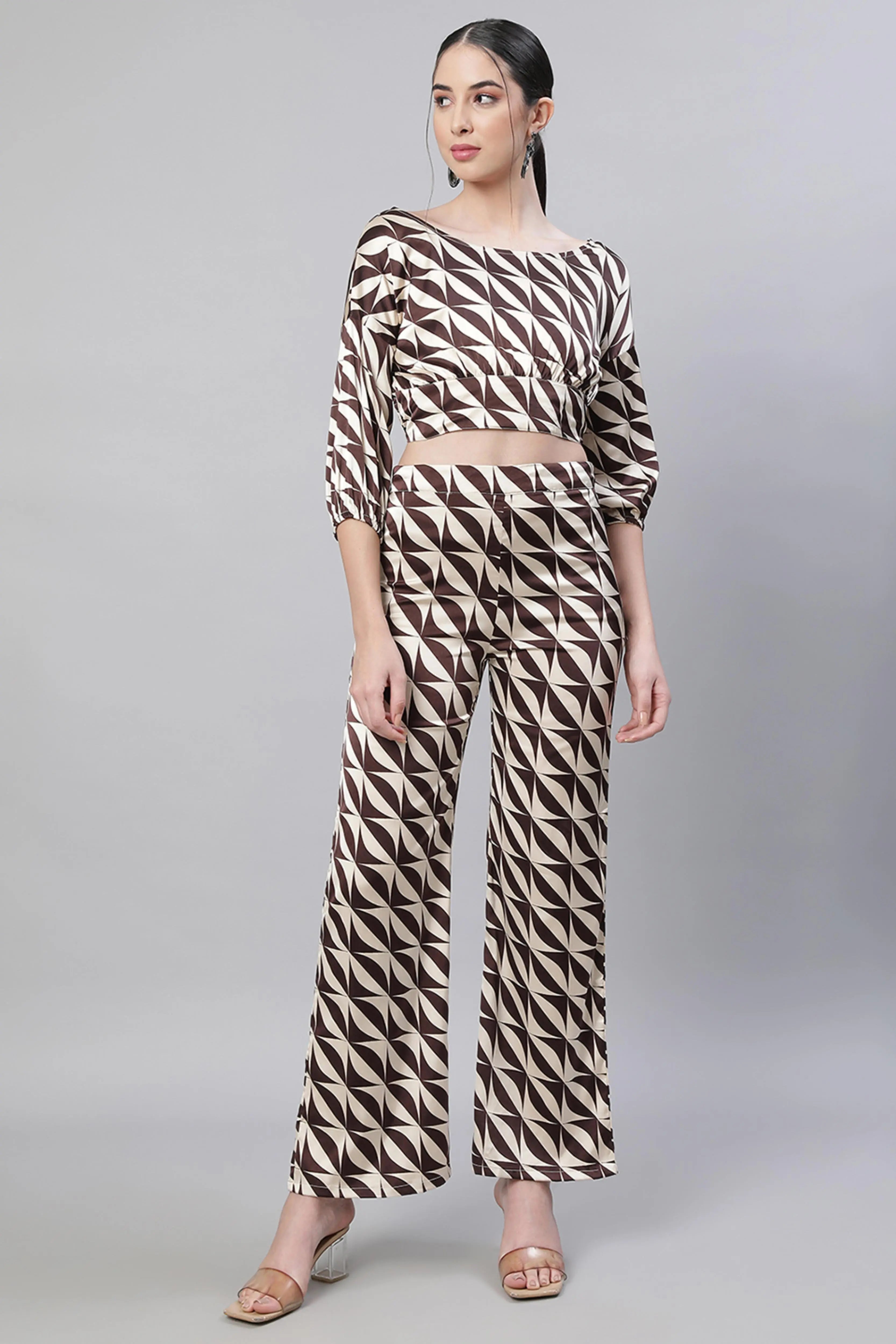 Brown Oval Neck Printed Co-ord Set - Global Republic
